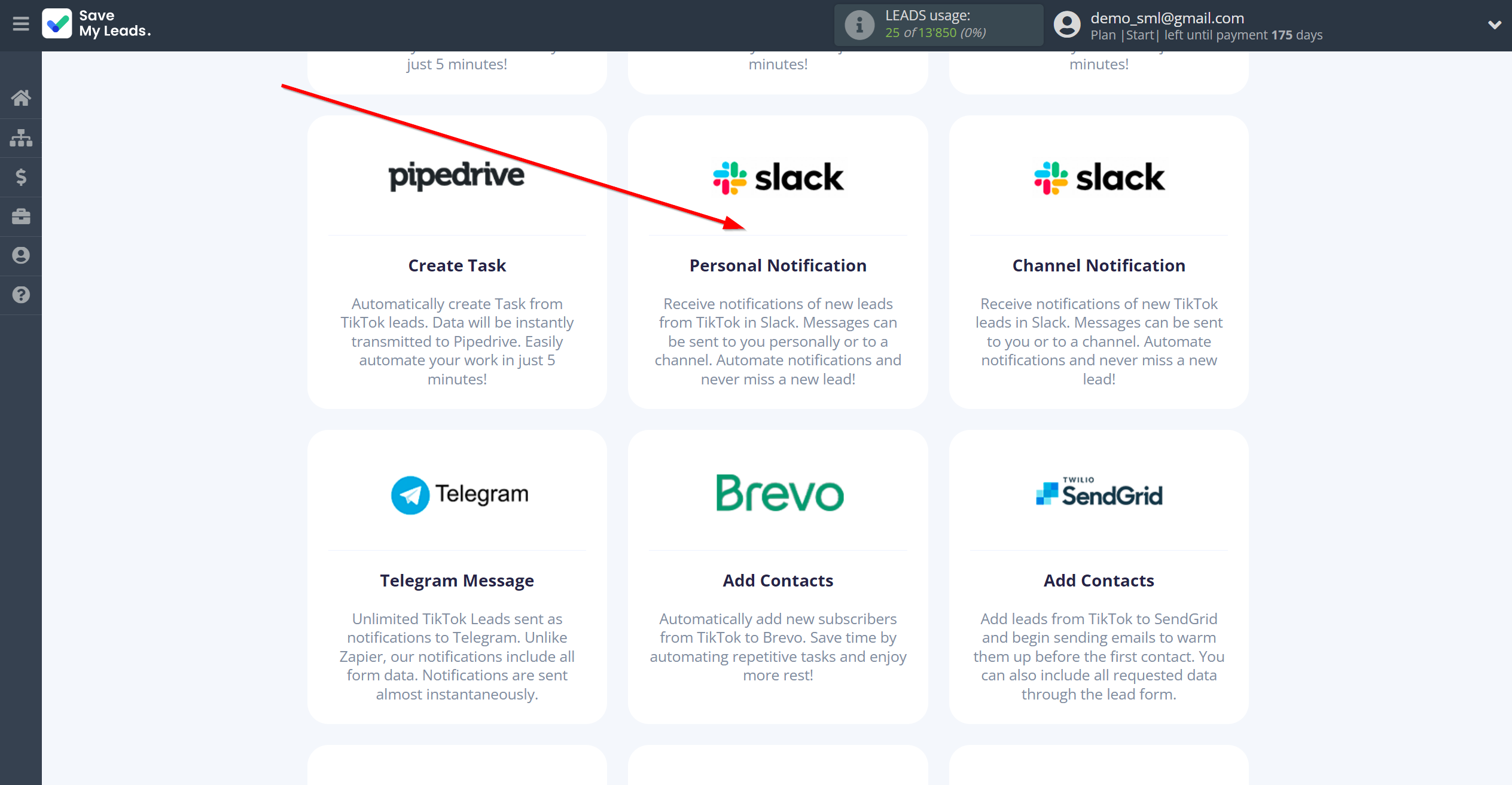 How to Connect TikTok with Slack Personal Notification | Data Destination system selection