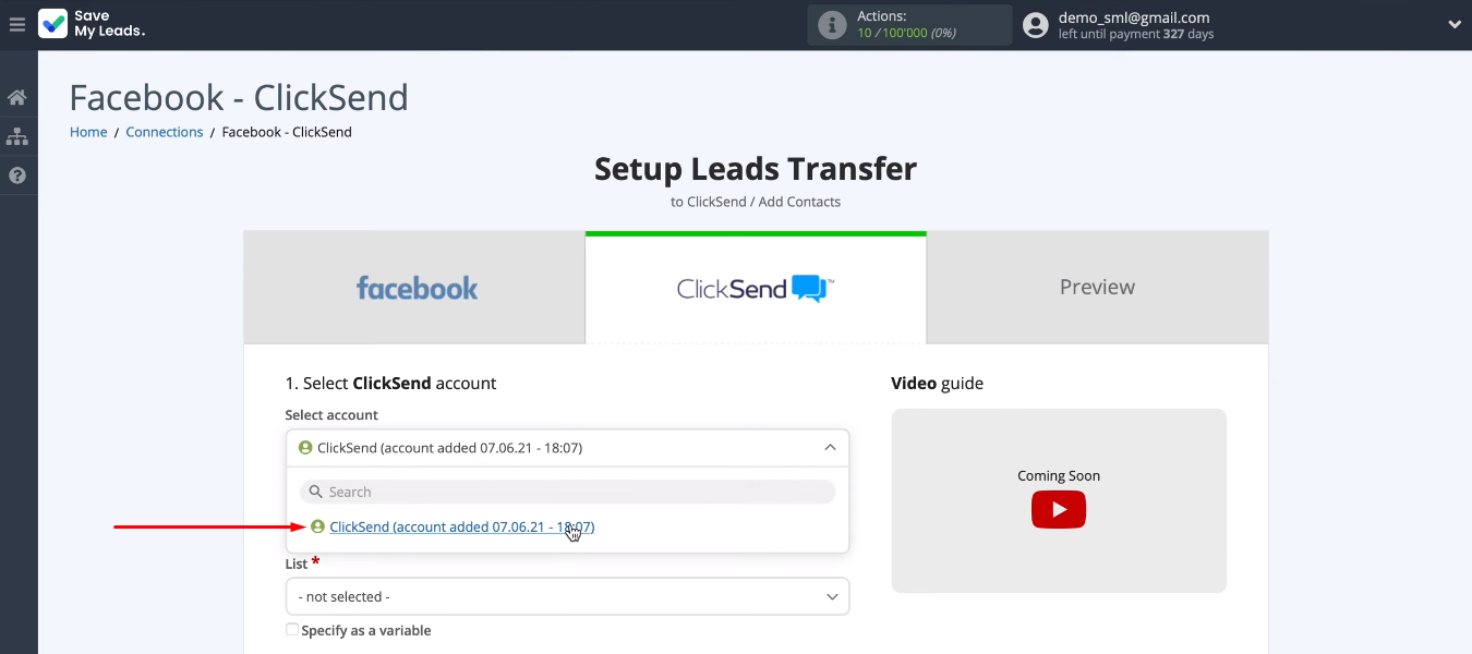 Facebook and ClickSend integration | Select the added account