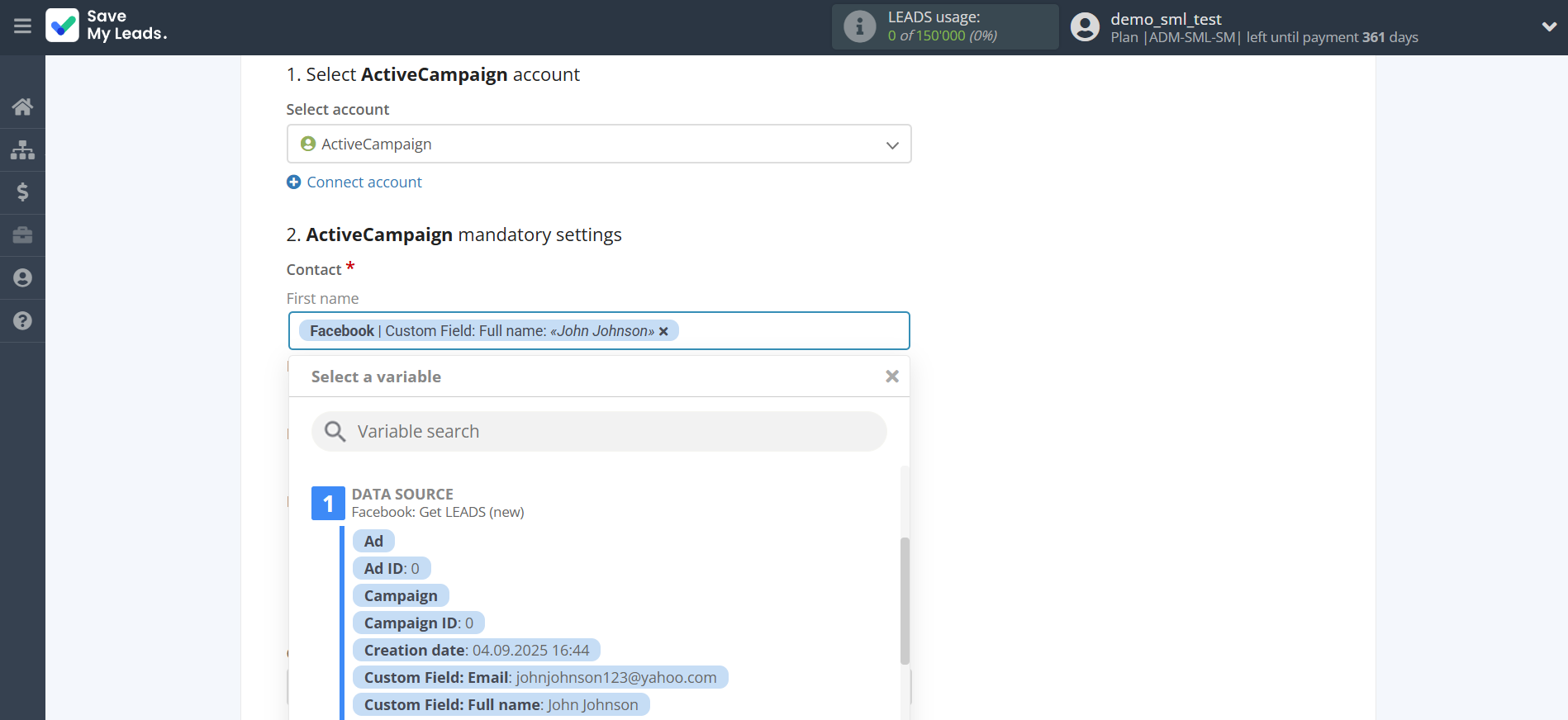 How to Connect Facebook with ActiveCampaign Create Deal | Assigning fields