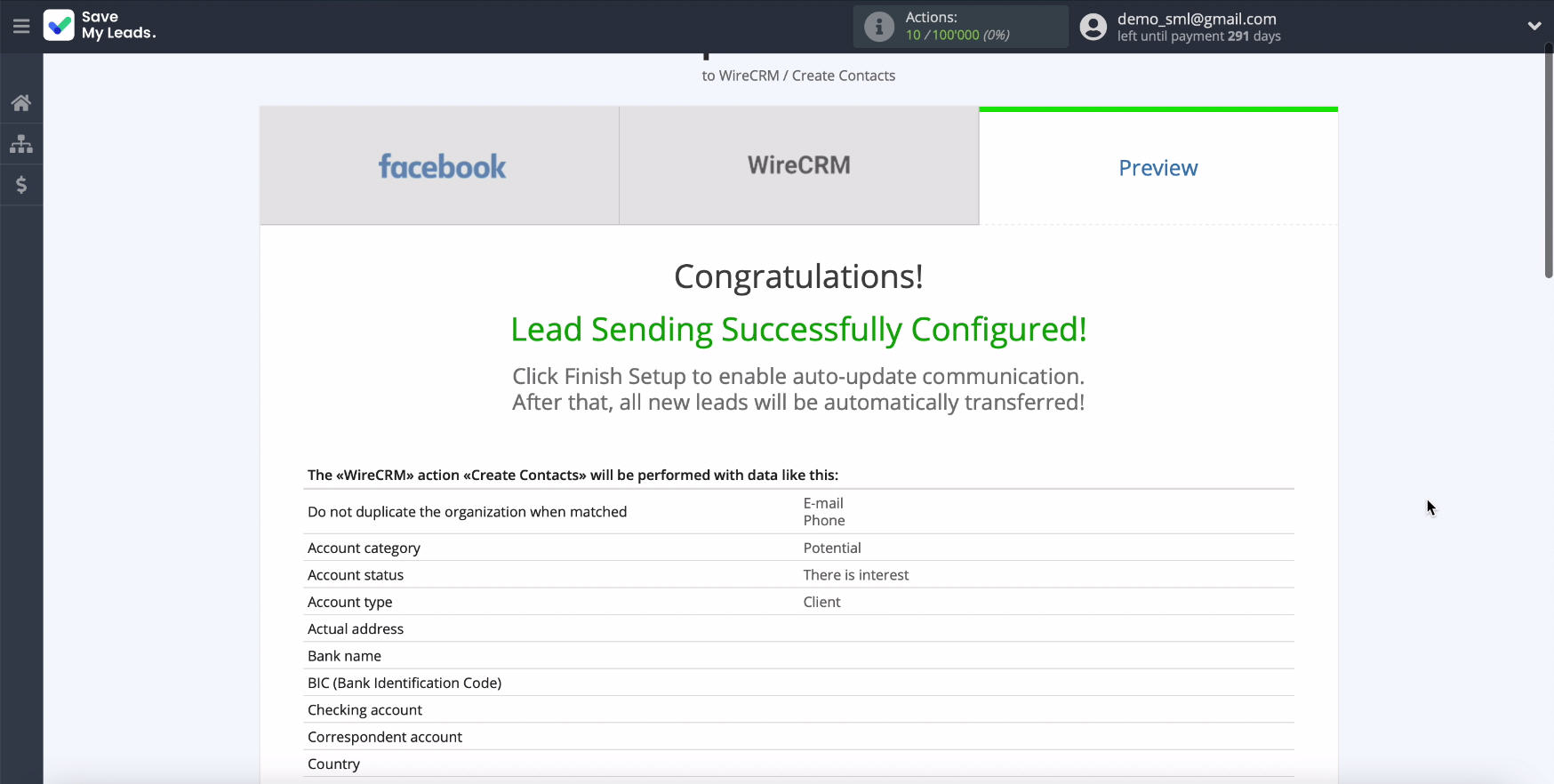 Facebook and WireCRM integration | An example of filling in the fields by contact