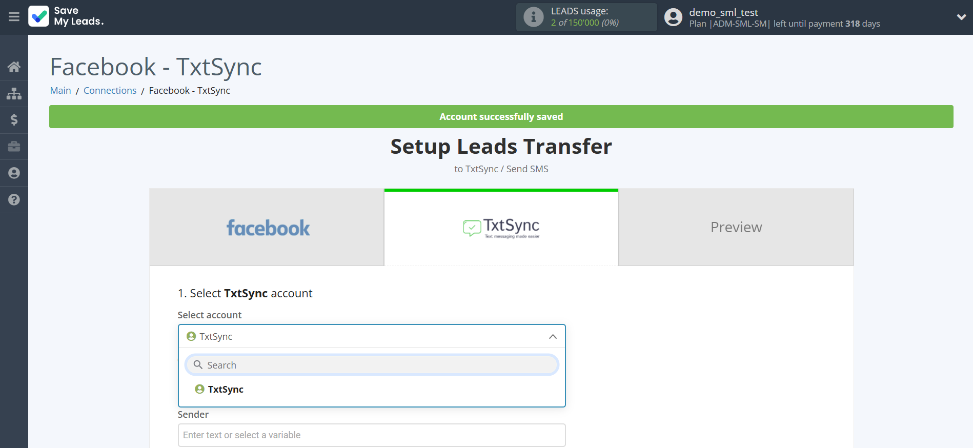 How to Connect Facebook with TxtSync | Data Destination account selection How to Connect Facebook with TxtSync | Data Destination account selection