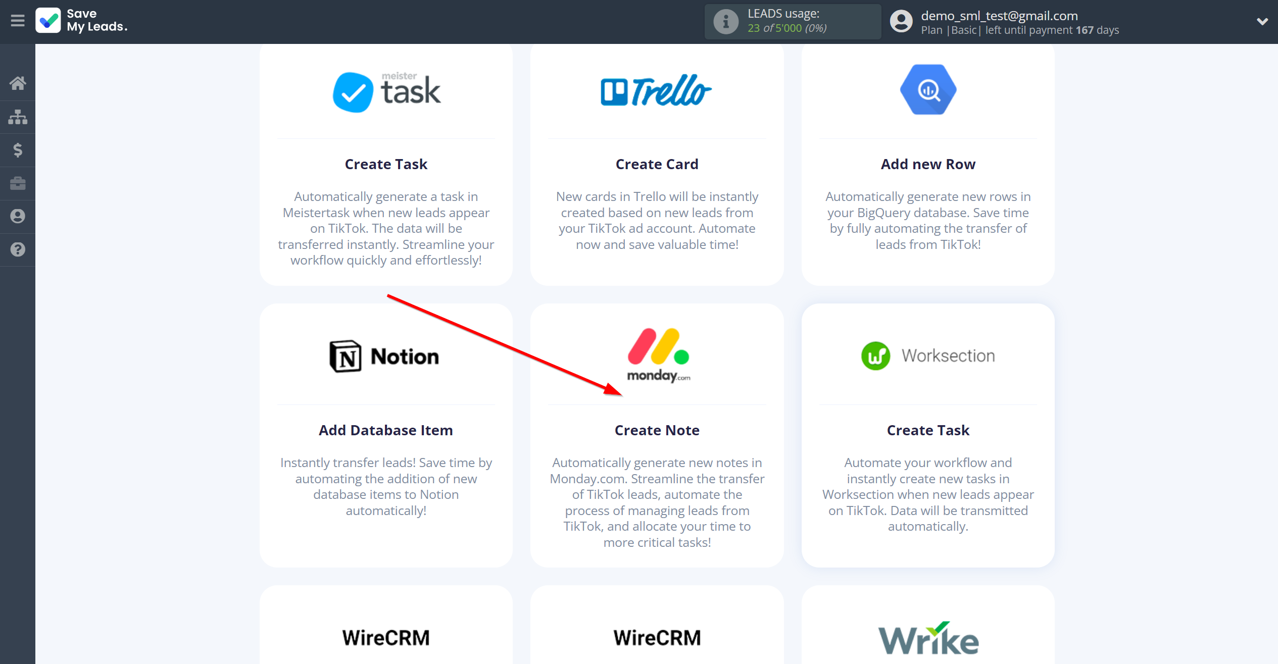 How to Connect TikTok with Monday.com | Data Destination system selection