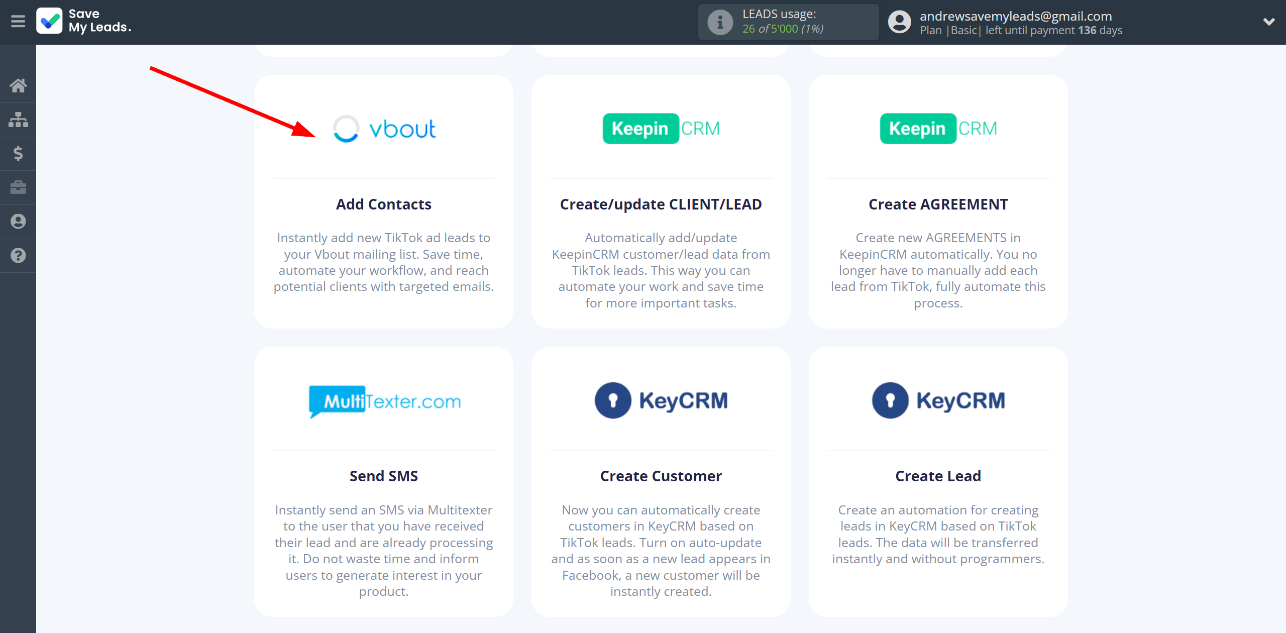 How to Connect TikTok with Vbout Add Contact | Data Destination system selection