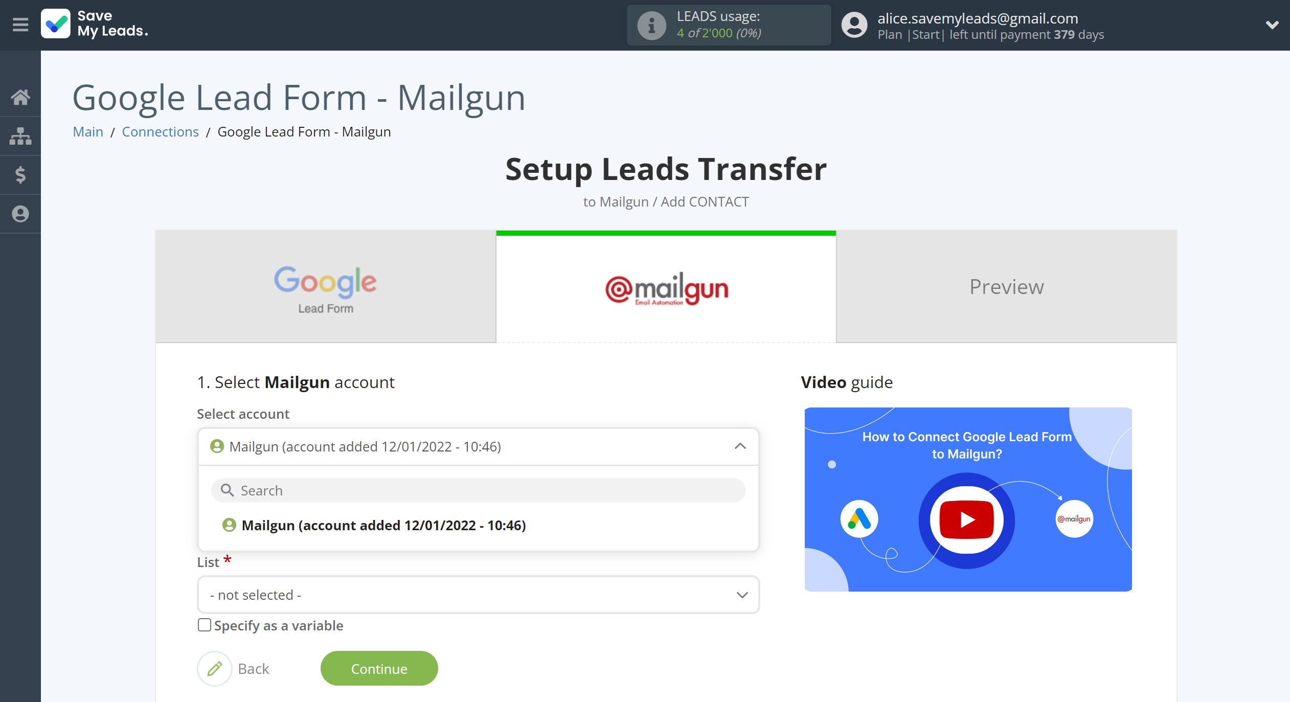 How to Connect Google Lead Form with Mailgun | Data Destination account selection