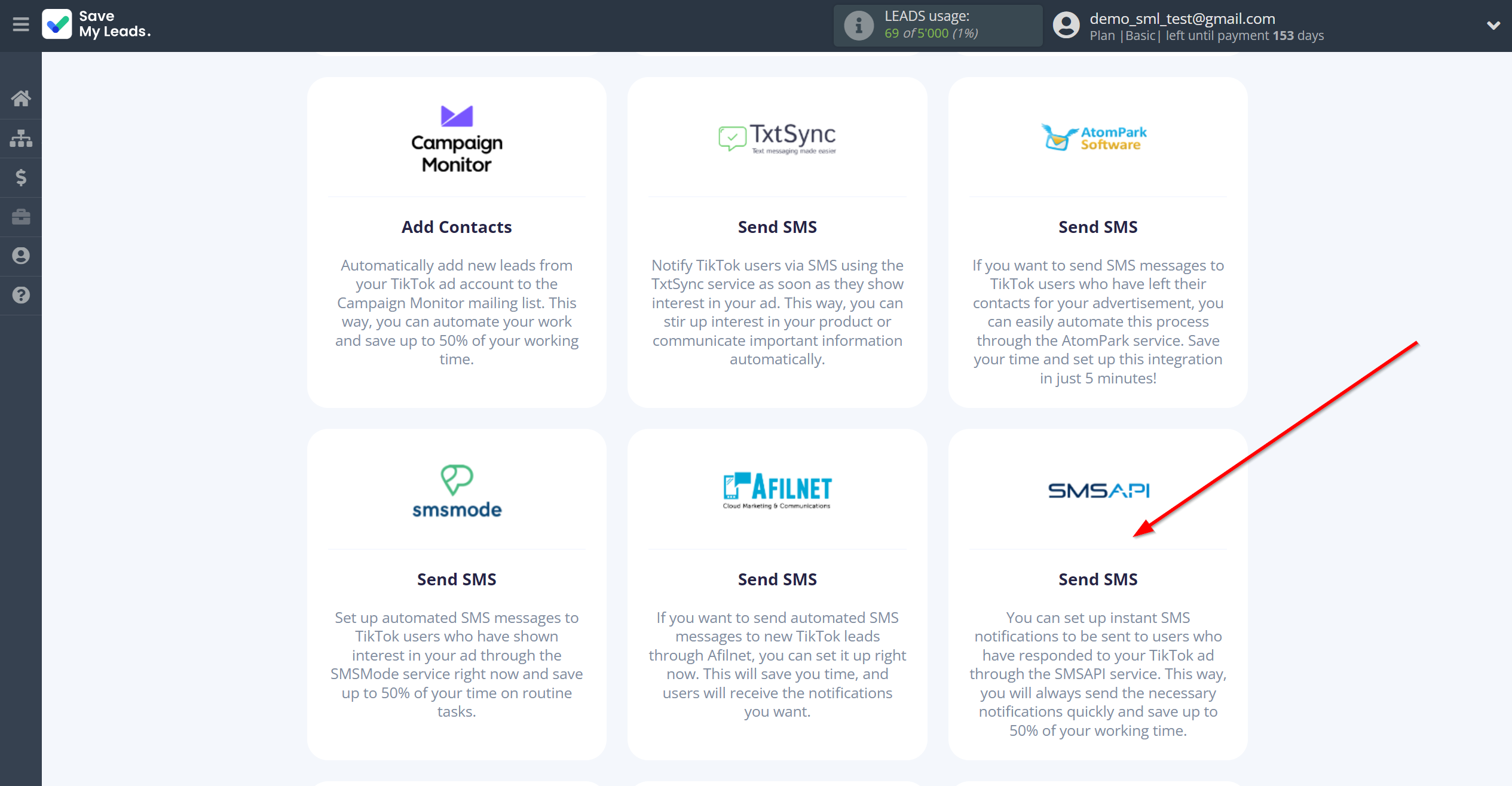 How to Connect TikTok with SMSAPI | Data Destination system selection