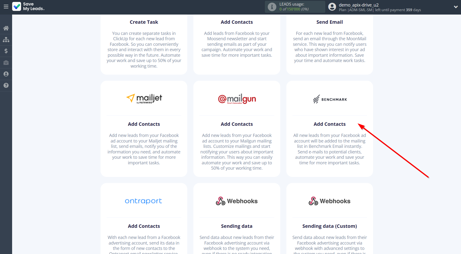 How to Connect Facebook with Benchmark Email | Data Destination system selection