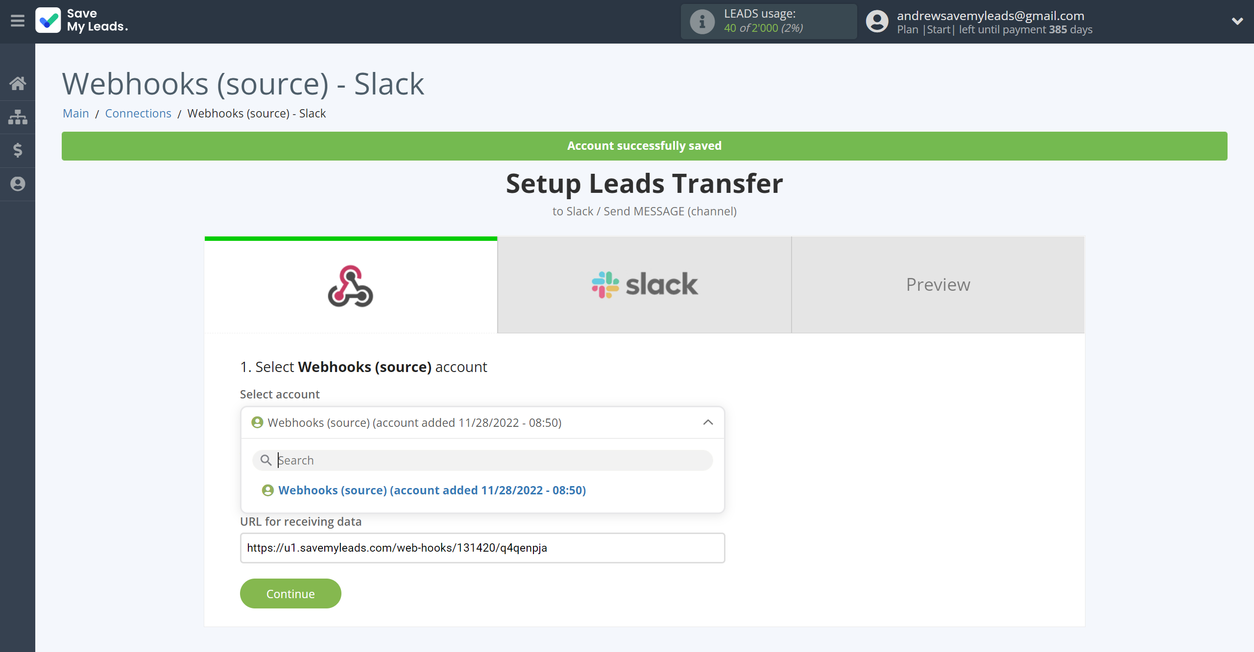 How to Connect Webhooks with Slack Channel Notification | Data Source account selection