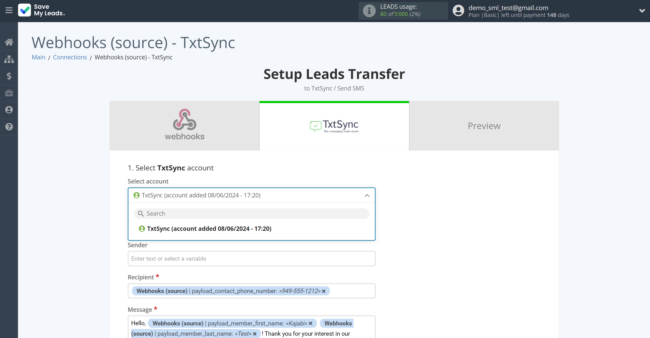 How to Connect Webhooks with TxtSync | Data Destination account selection