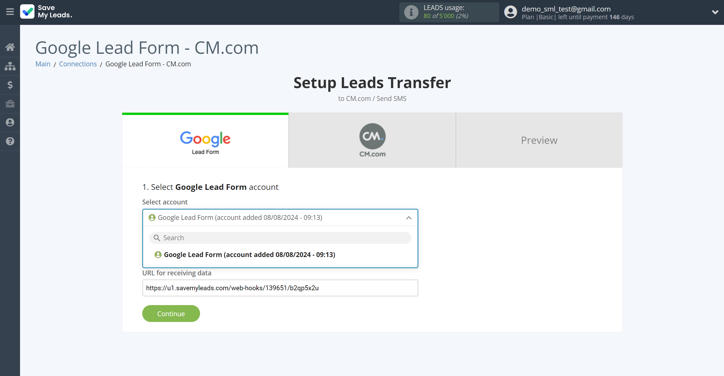 How to Connect&nbsp;Google Lead Form with CM.com | Data Source account selection