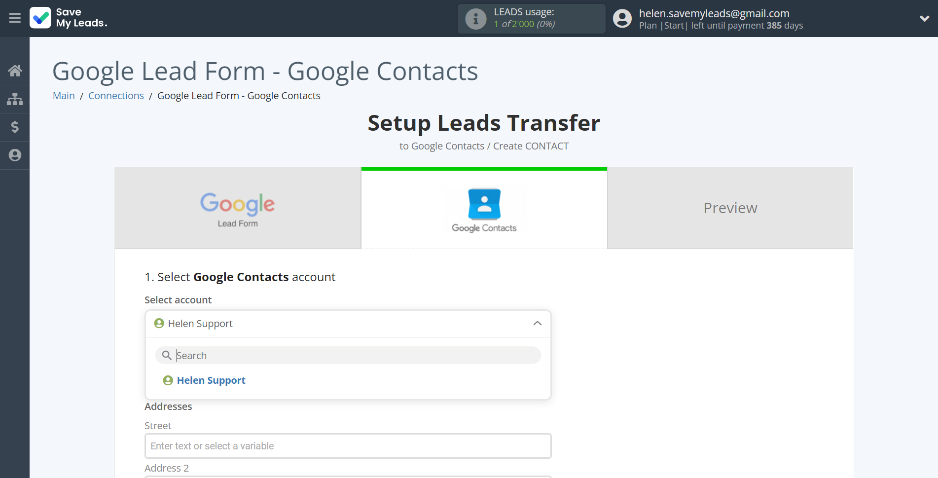How to Connect Google Lead Form with Google Contacts | Data Destination account selection