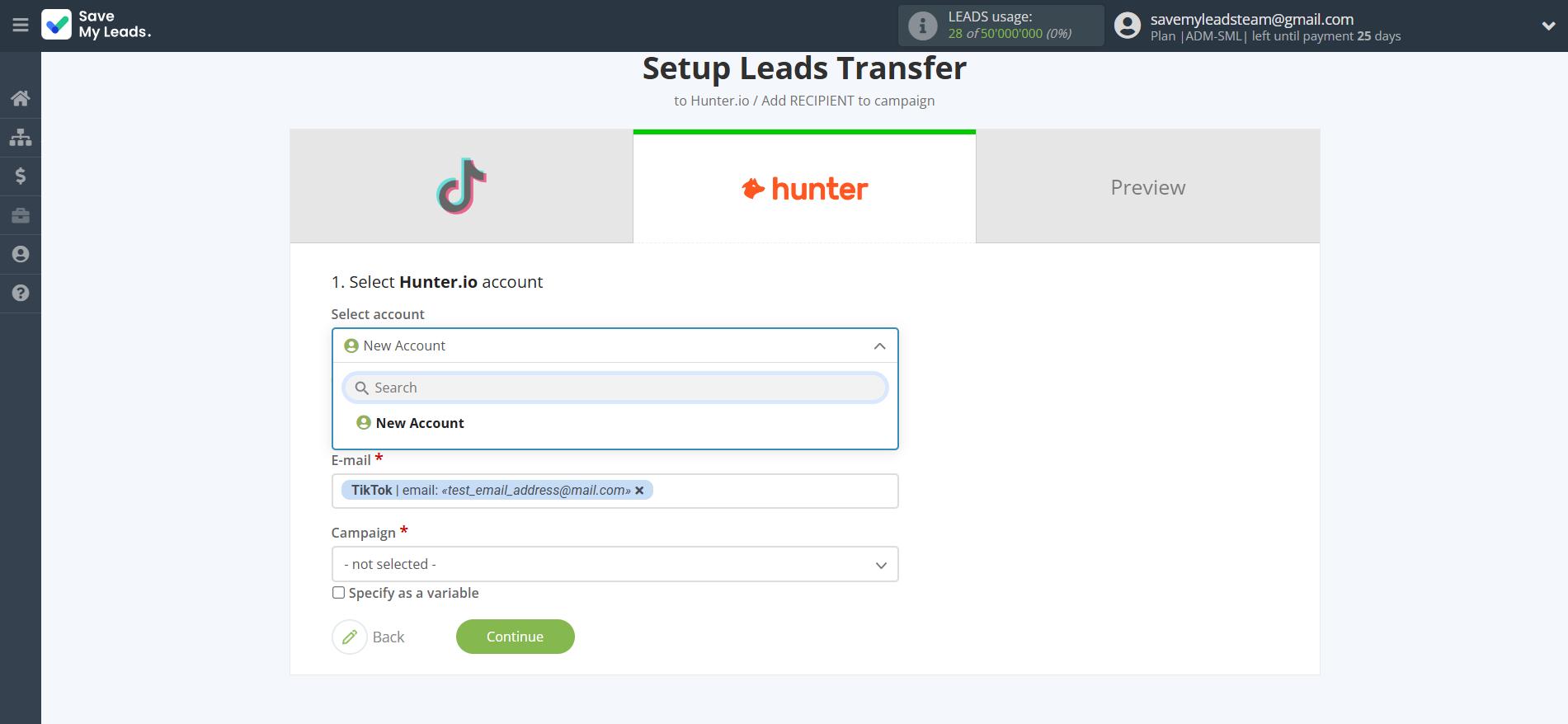 How to Connect TikTok with Hunter.io Create Contact | Data Destination account selection