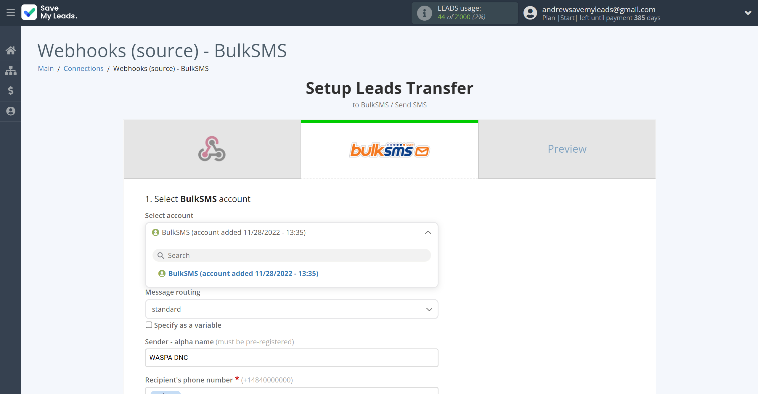 How to Connect Webhooks with BulkSMS | Data Destination account selection