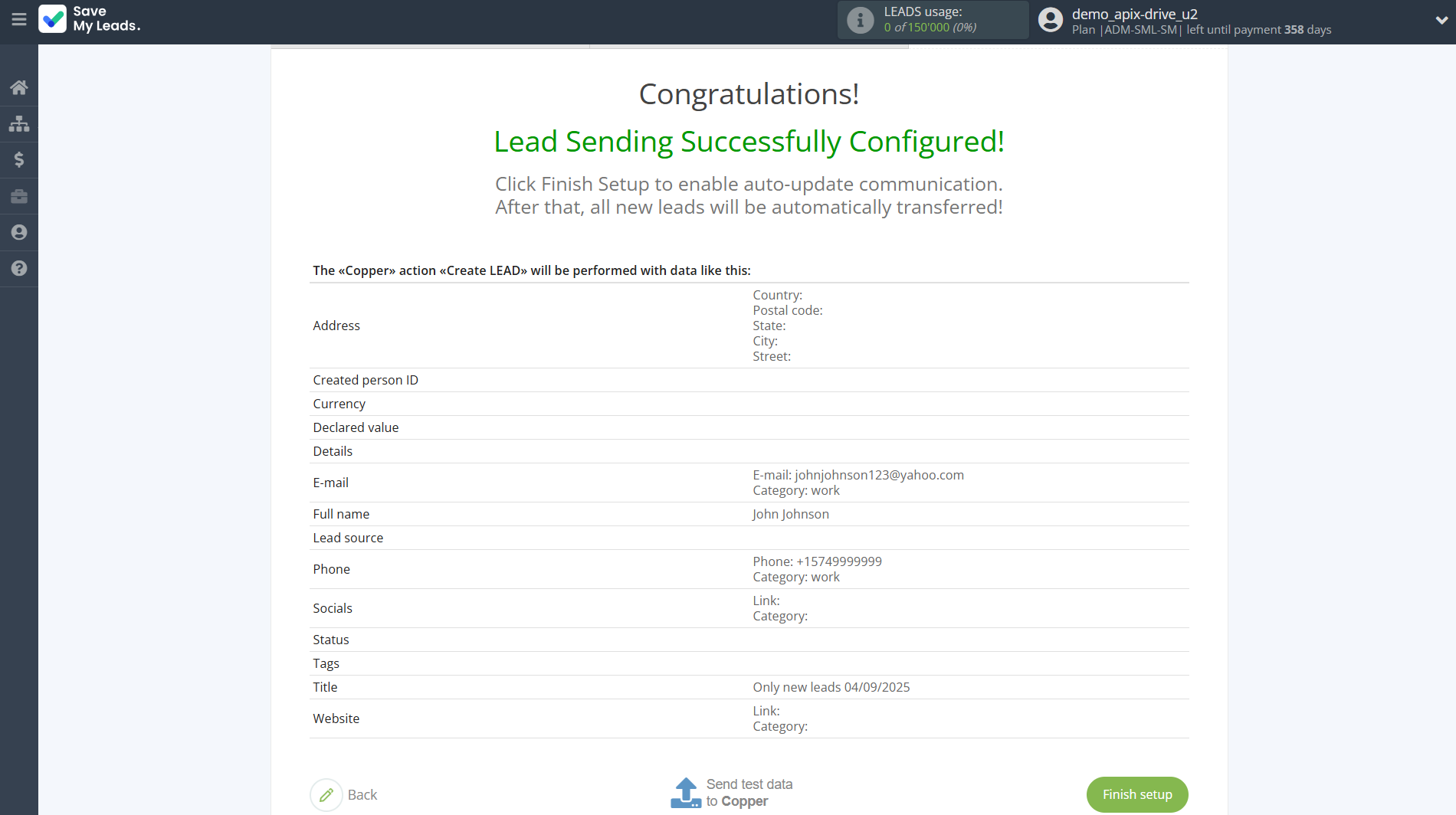 How to Connect Facebook with Copper Create Lead | Test data