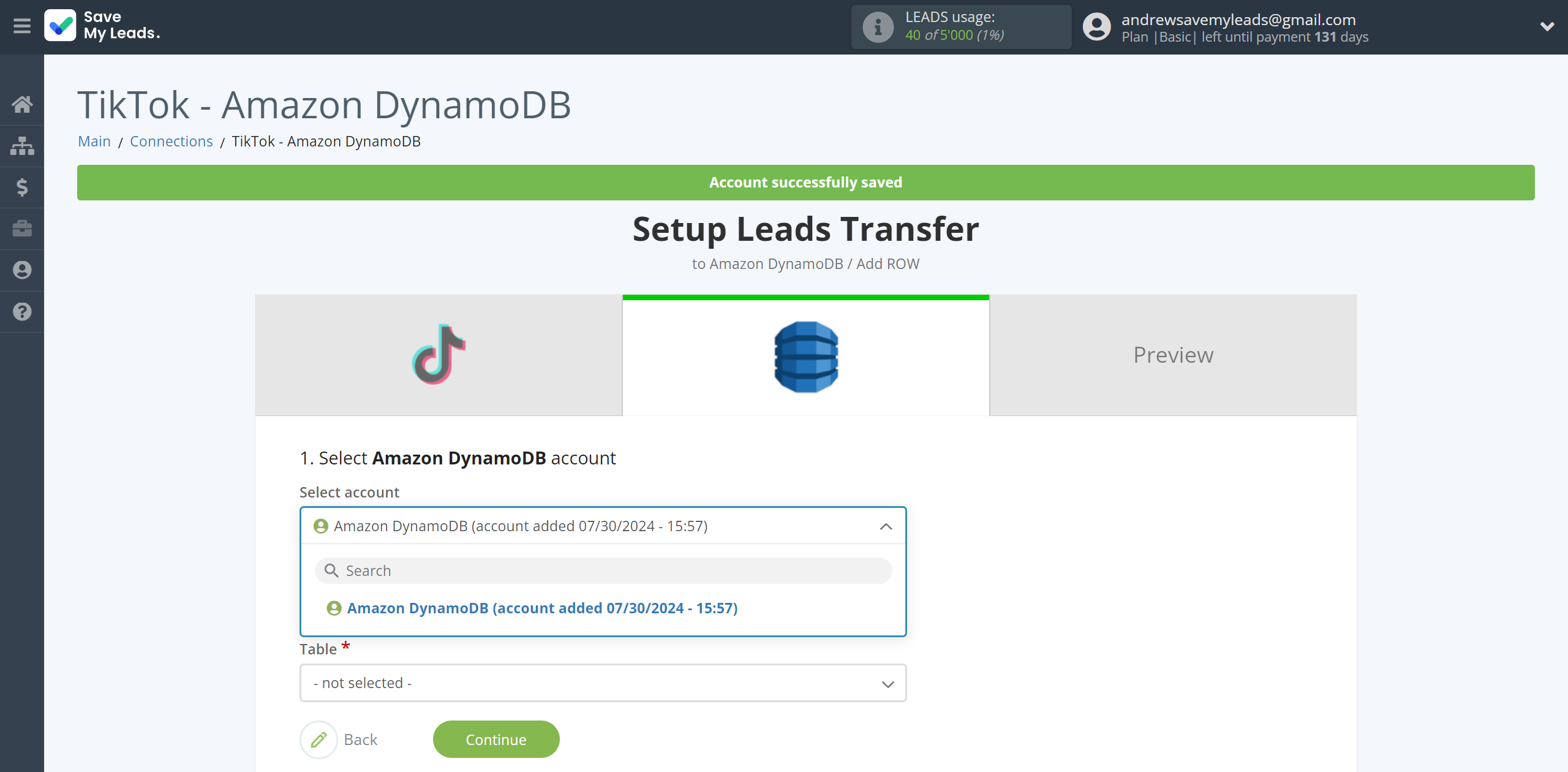 How to Connect TikTok with Amazon DynamoDB | Data Destination account selection