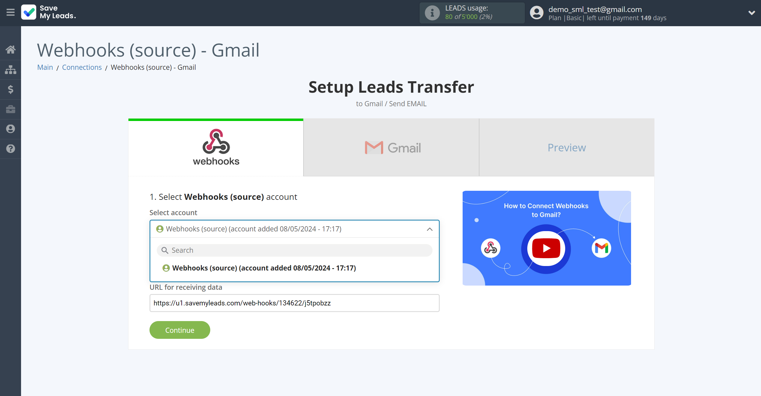 How to Connect Webhooks with Gmail | Data Source account selection