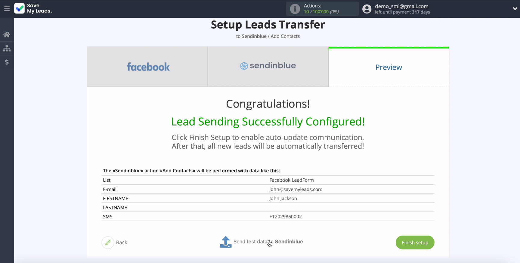 Facebook and Sendinblue integration | Sending test data