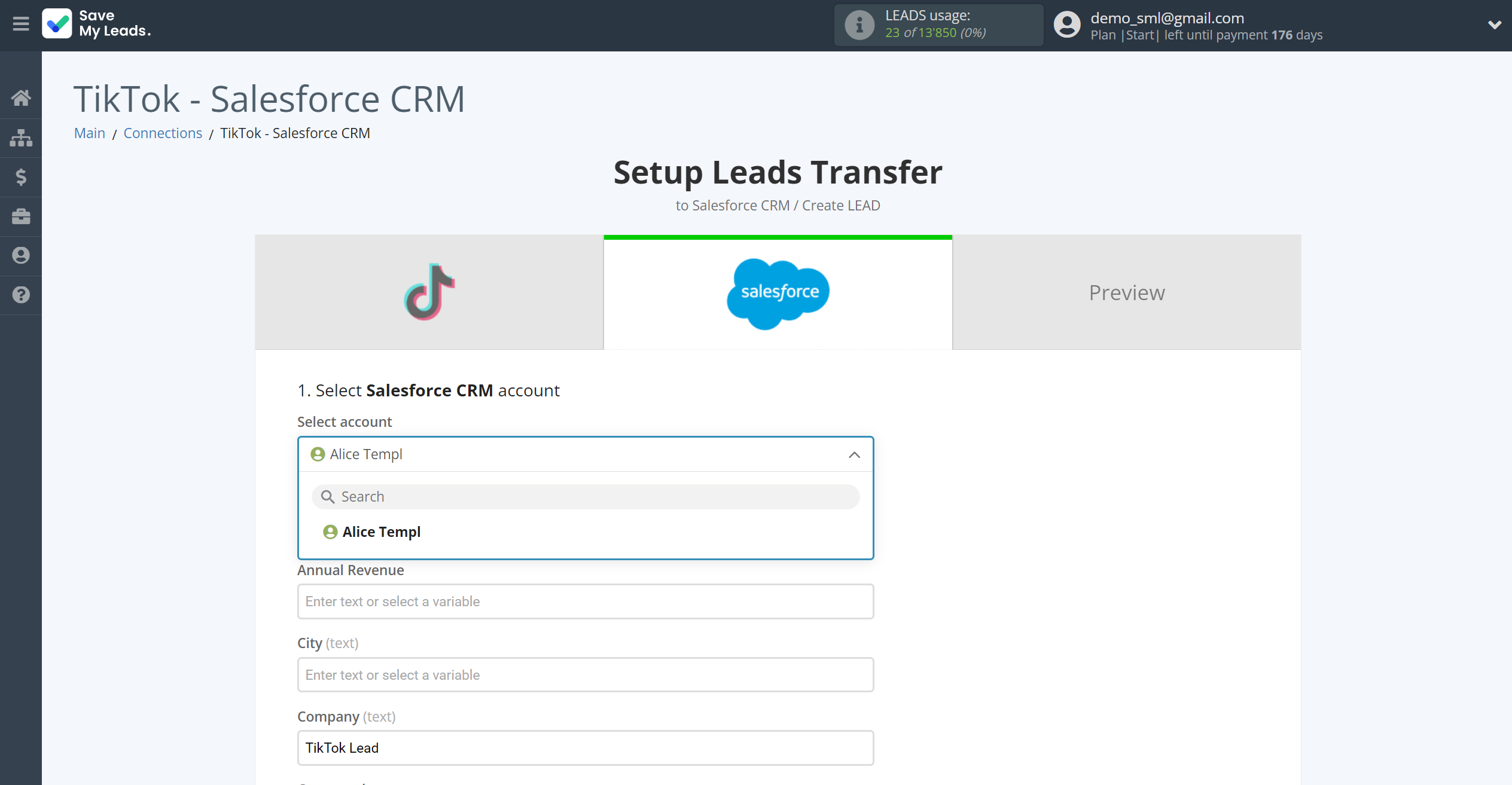 How to Connect TikTok with Salesforce CRM Create Lead | Data Destination account selection