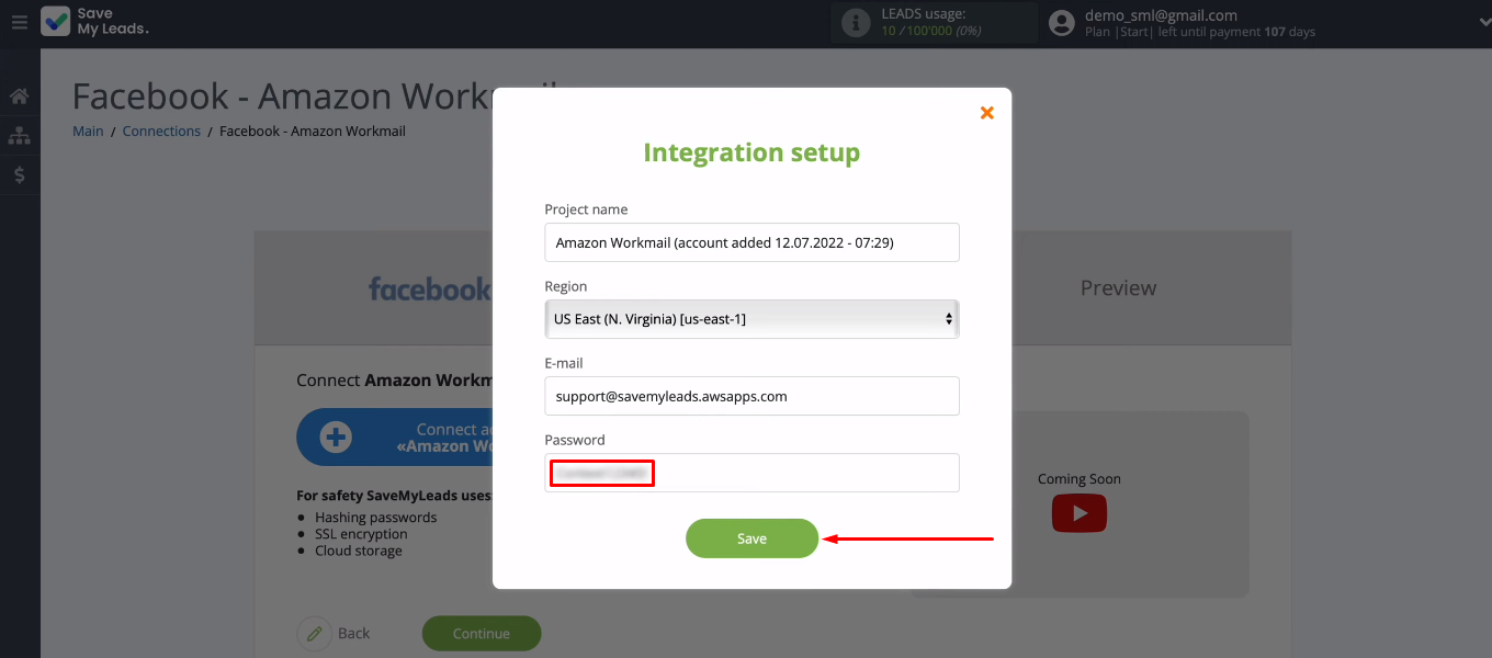 Facebook and Amazon WorkMail integration |&nbsp;Enter the password