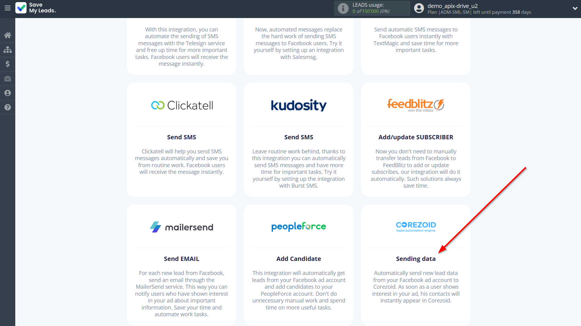 How to Connect Facebook with Corezoid | Data Destination system selection