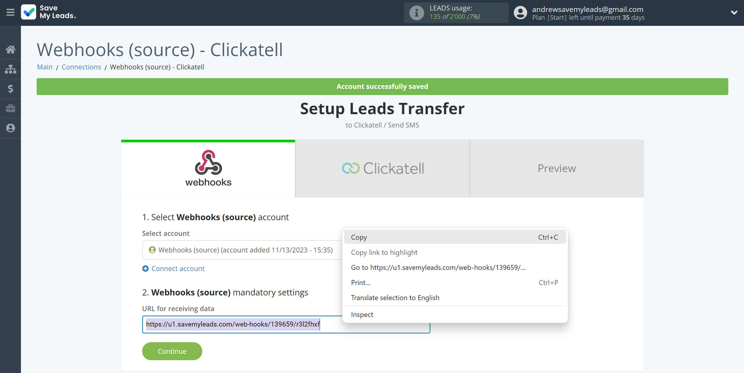 How to Connect Webhooks with Clickatell | Data Source account connection