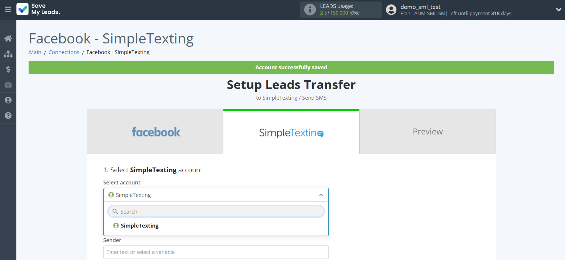 How to Connect Facebook with SimpleTexting | Data Destination account selection How to Connect Facebook with SimpleTexting | Data Destination account selection