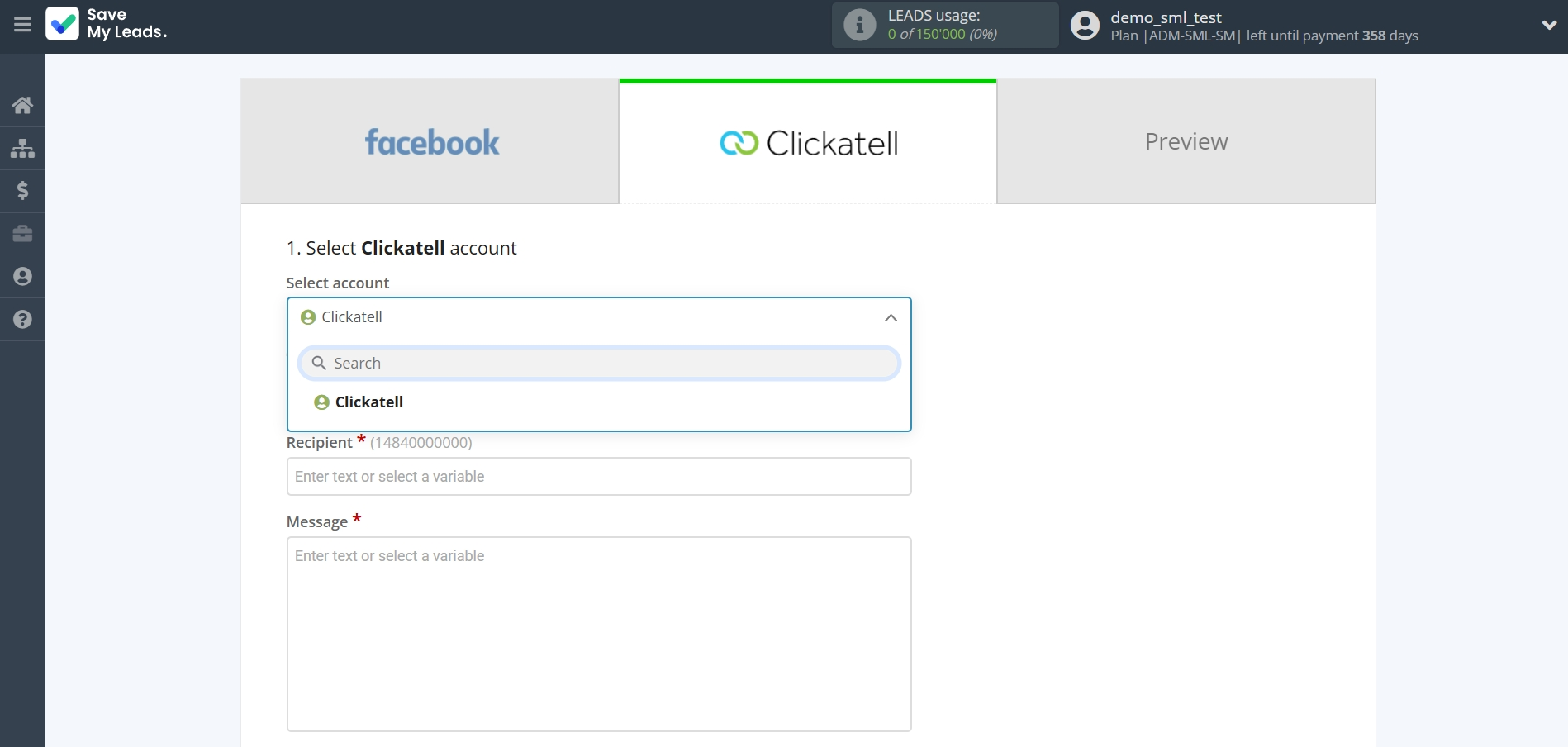 How to Connect Facebook with Clickatell | Data Destination account selection