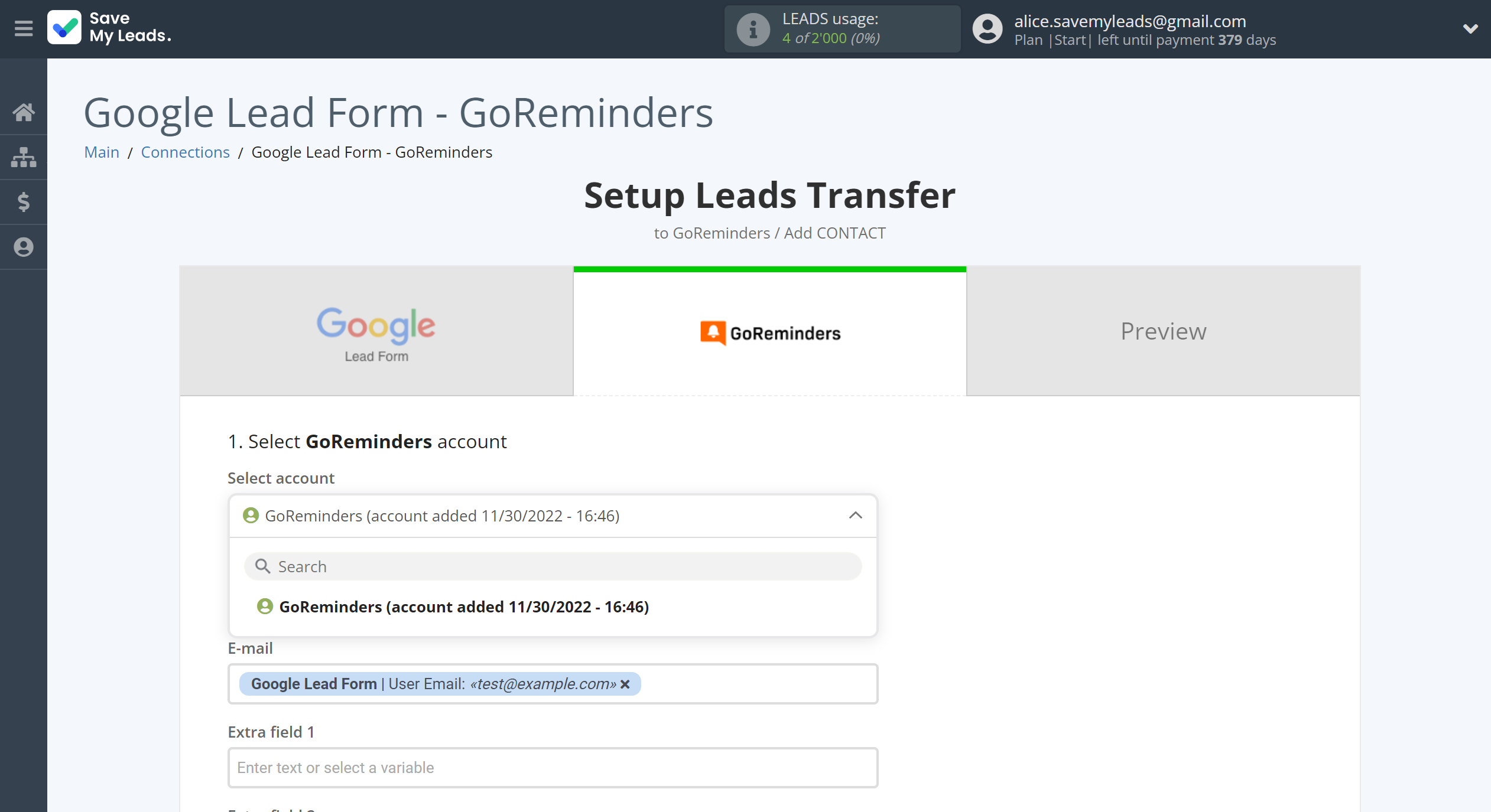 How to Connect Google Lead Form with GoReminders | Data Destination account selection