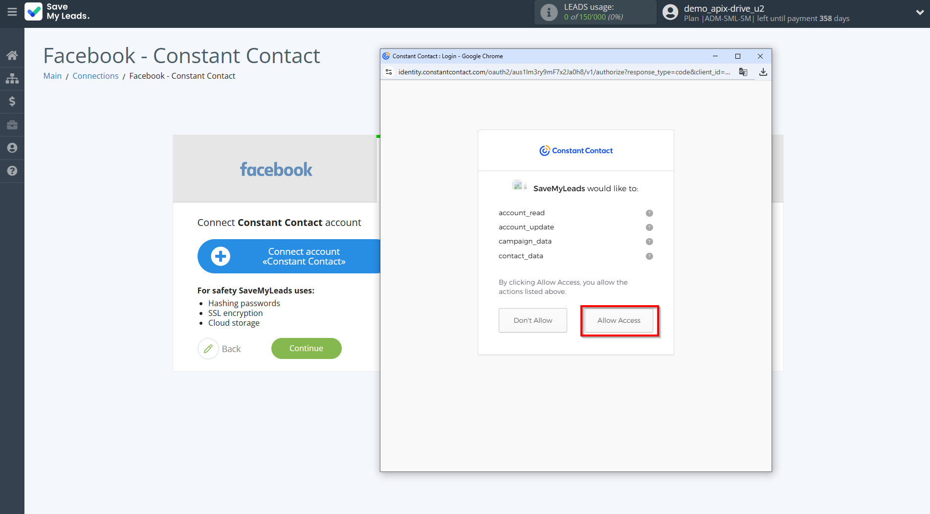 How to Connect Facebook with Constant Contact | Data Destination account connection