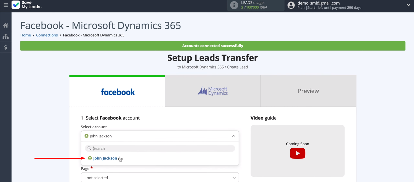 Facebook and Microsoft Dynamics 365 integration | Select FB account