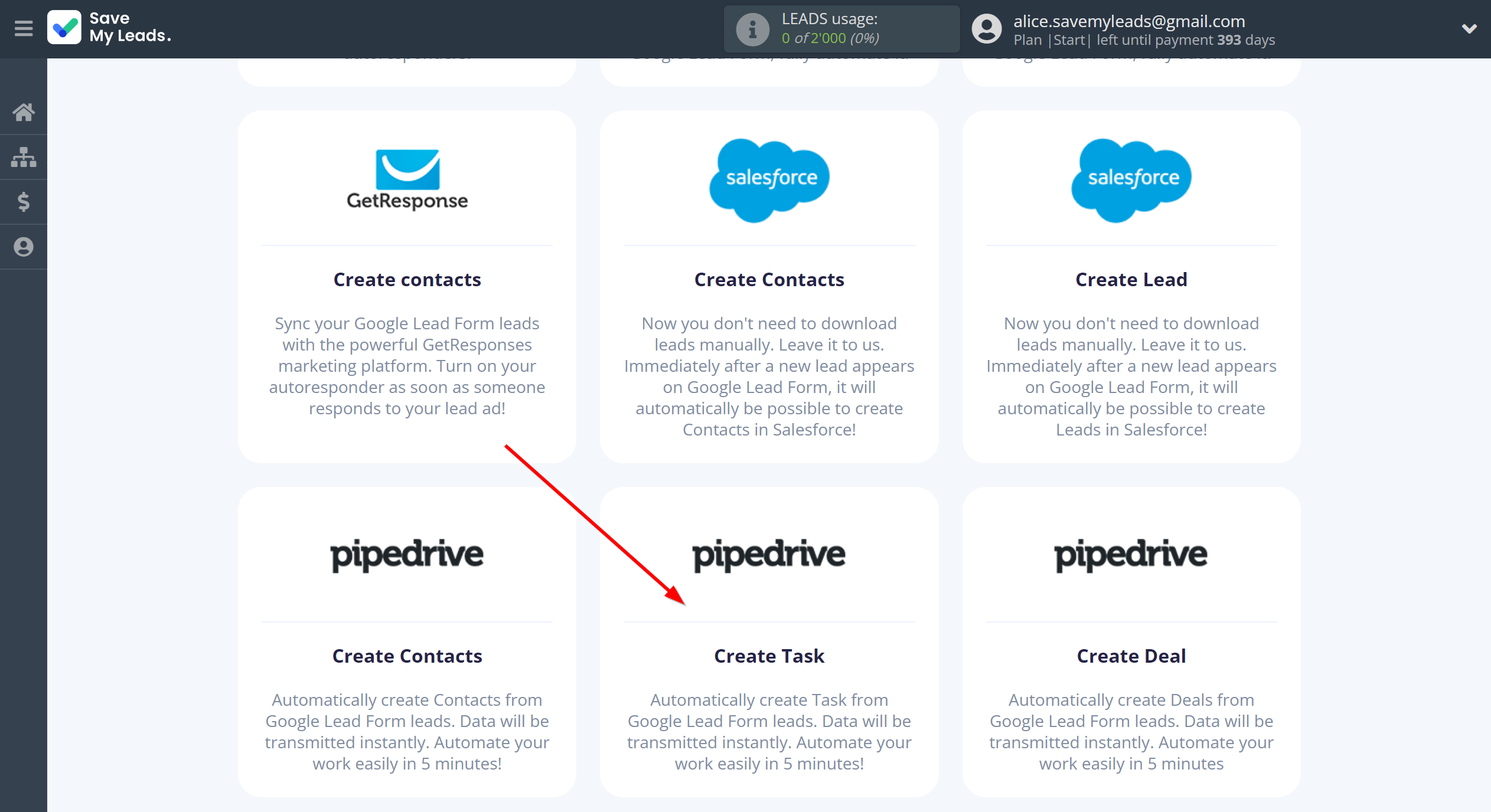 How to Connect Google Lead Form with Pipedrive Create Task | Data Destination system selection