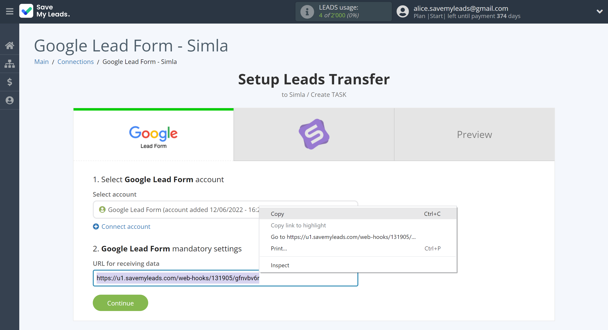 How to Connect Google Lead Form with Simla Create Task | Data Source account connection