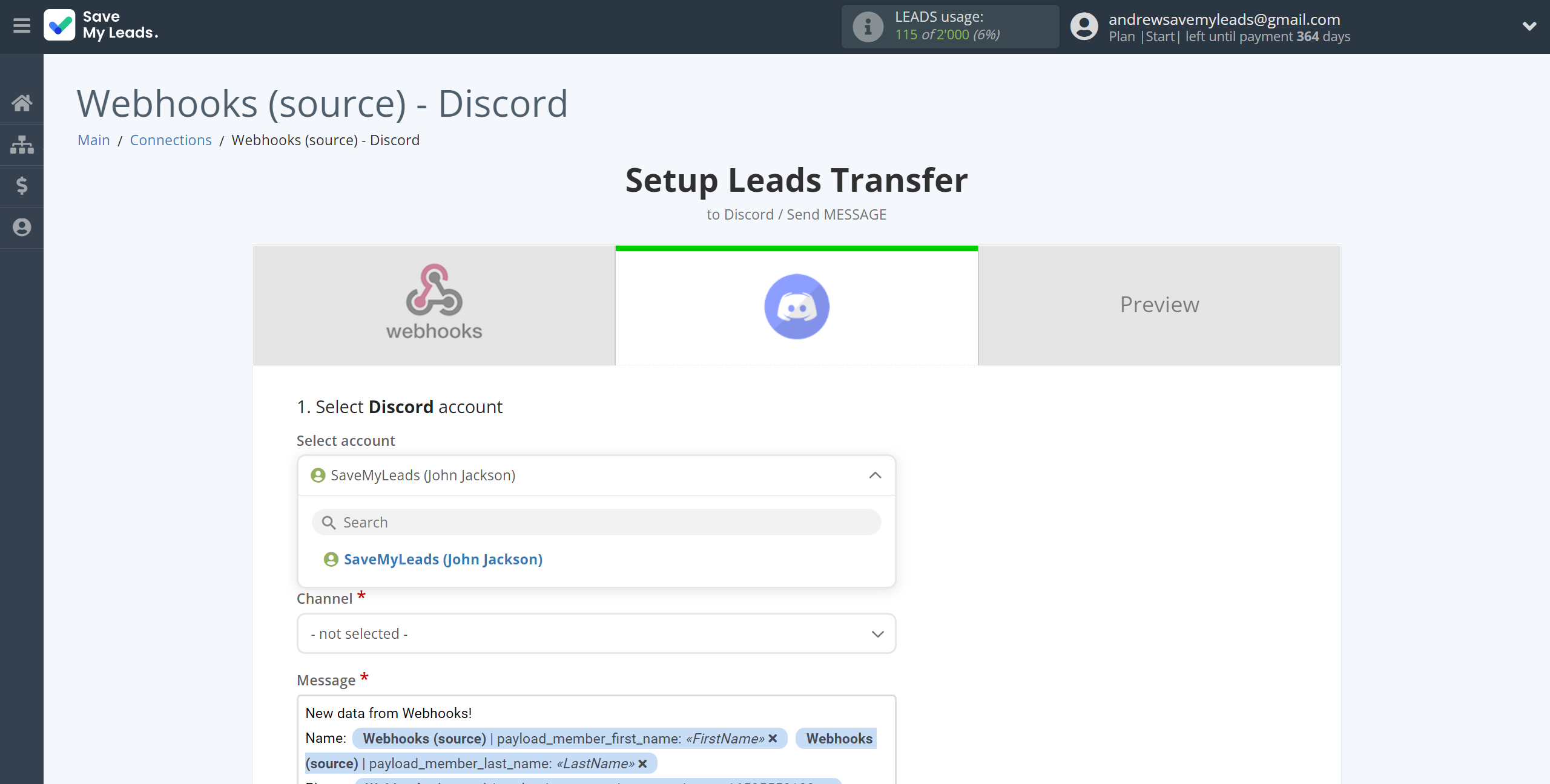 How to Connect Webhooks with Discord | Data Destination account selection