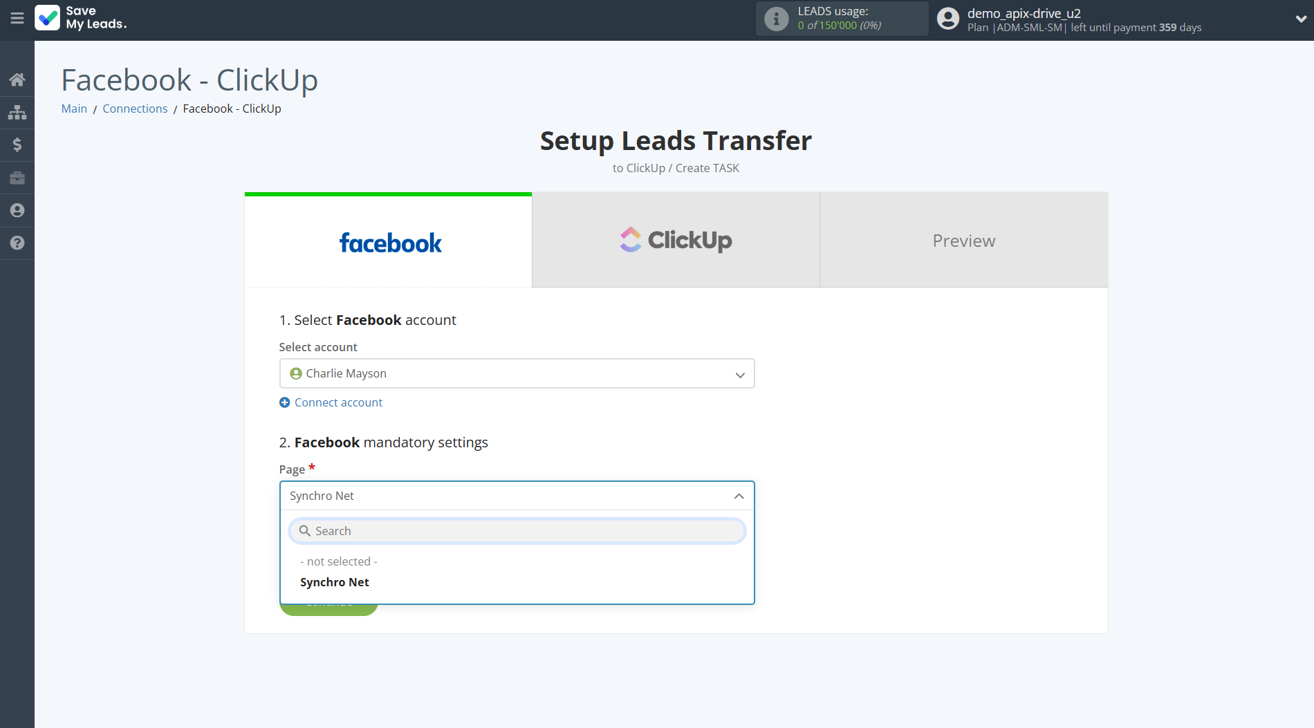 How to Connect Facebook with ClickUp | Data Source account connection