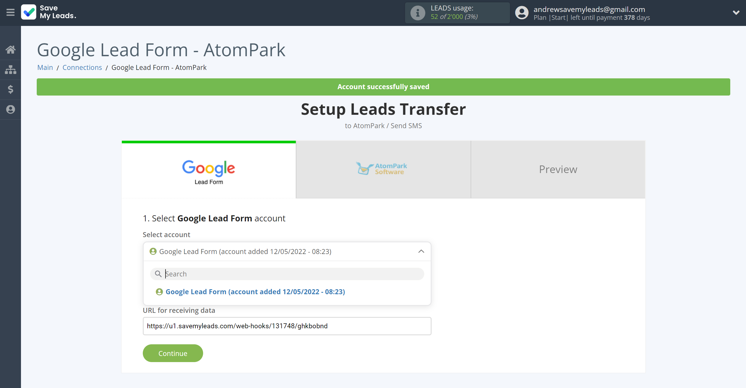 How to Connect Google Lead Form with AtomPark | Data Source account selection