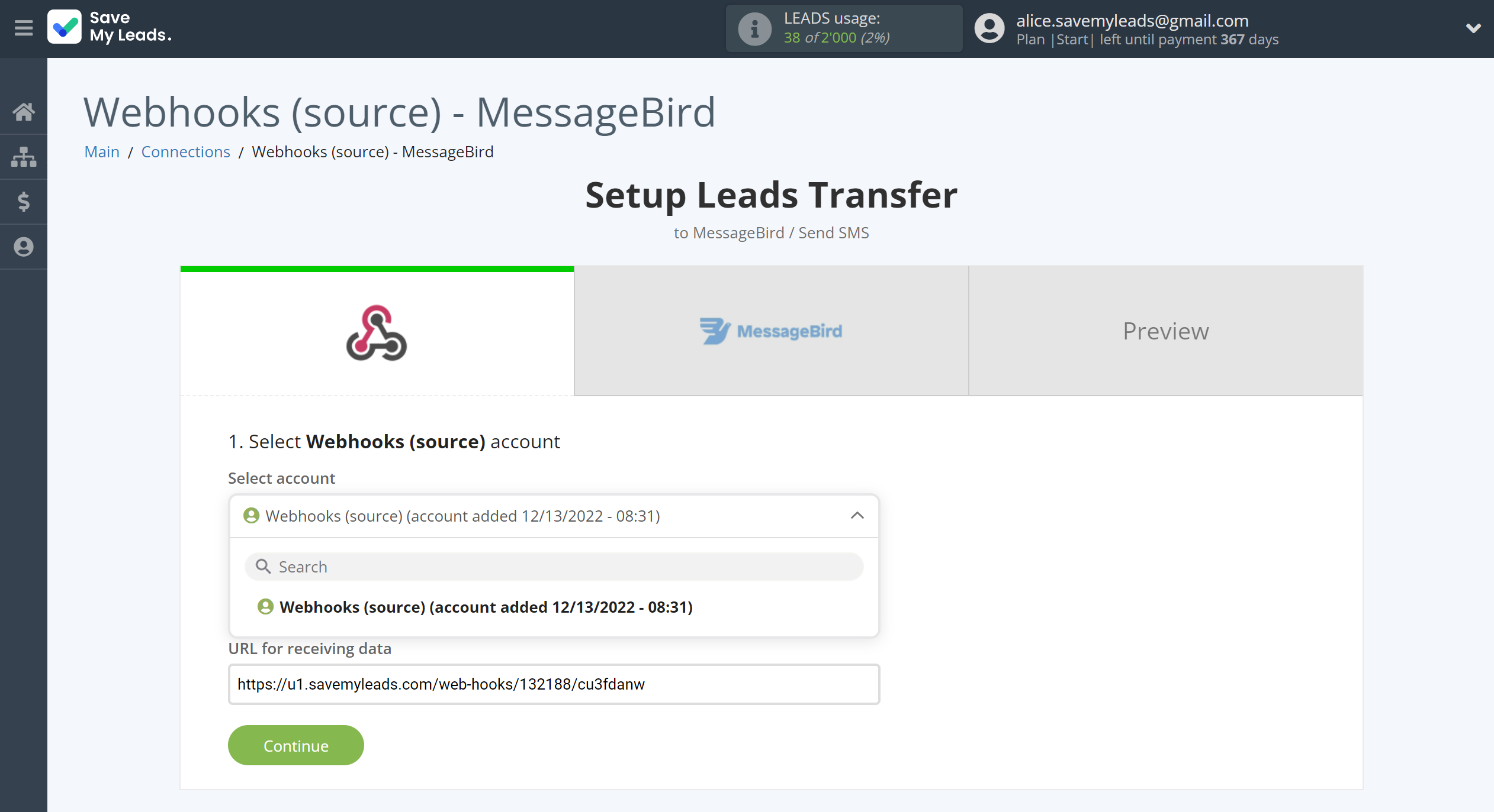 How to Connect Webhooks with MessageBird | Data Source account selection