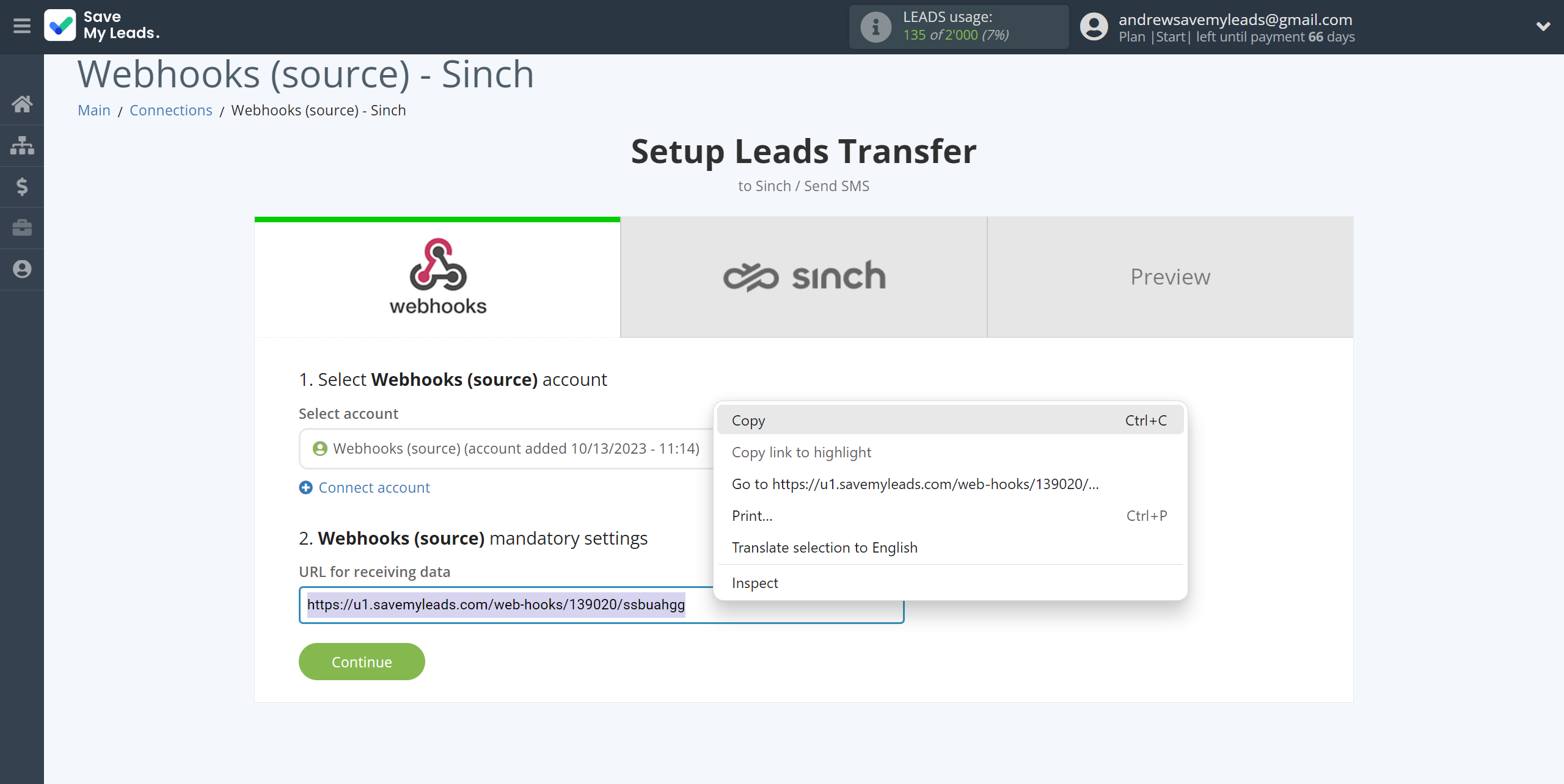 How to Connect Webhooks with Sinch | Data Source account connection