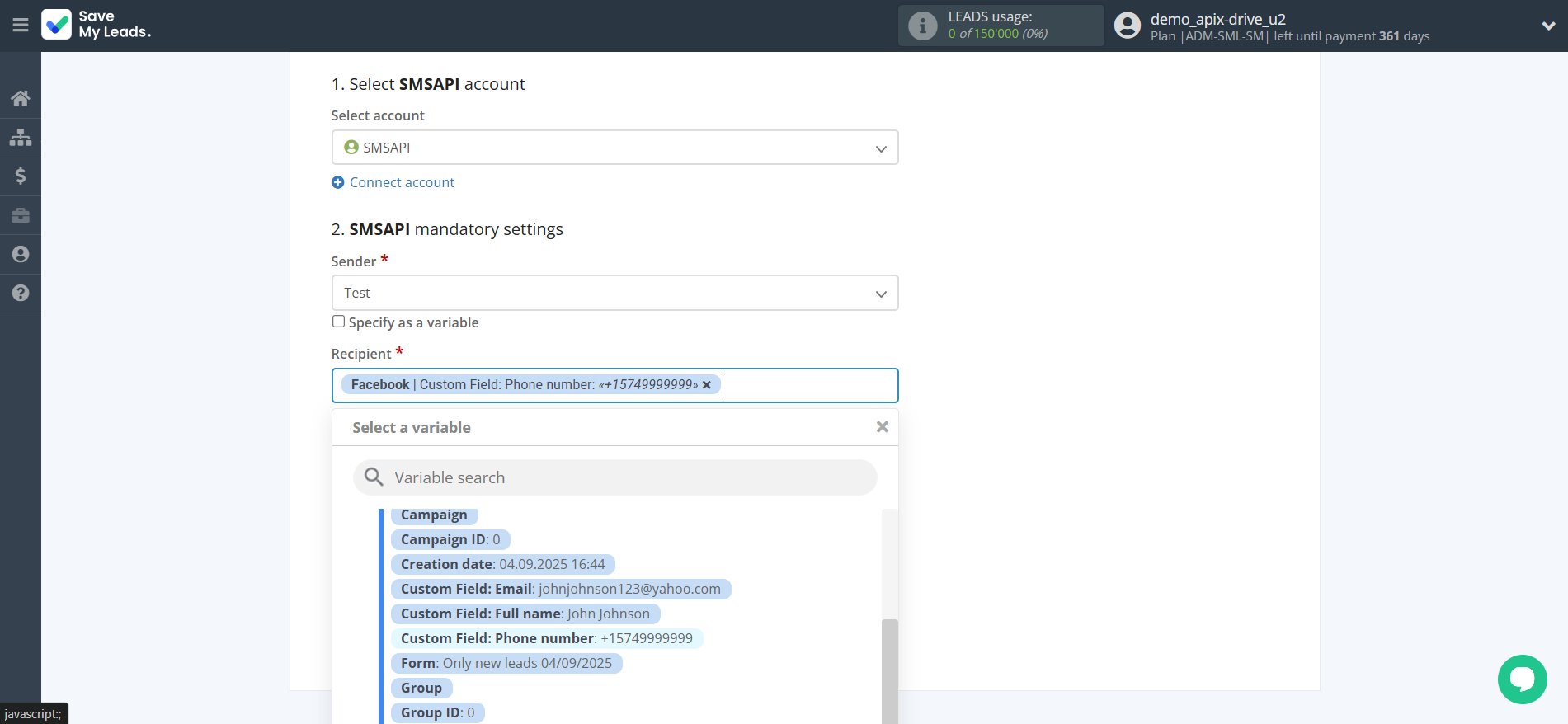 How to Connect Facebook with SMSAPI | Assigning fields