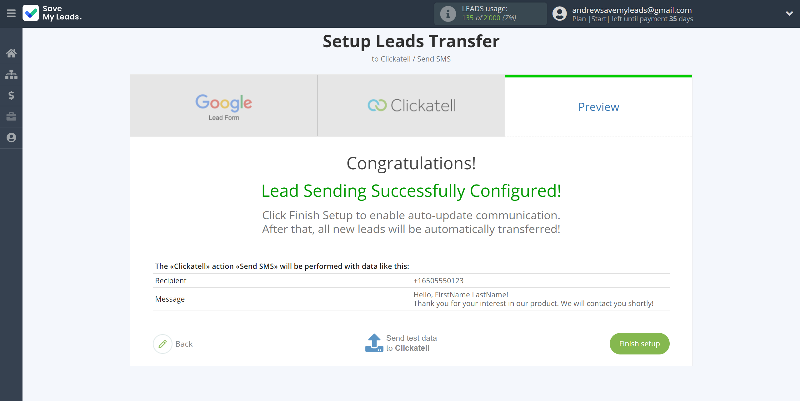 How to Connect Google Lead Form with Clickatell | Test data