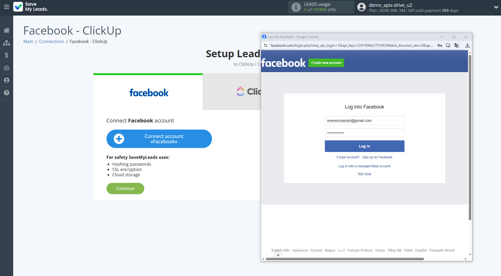 How to Connect Facebook with ClickUp | Data Source account connection