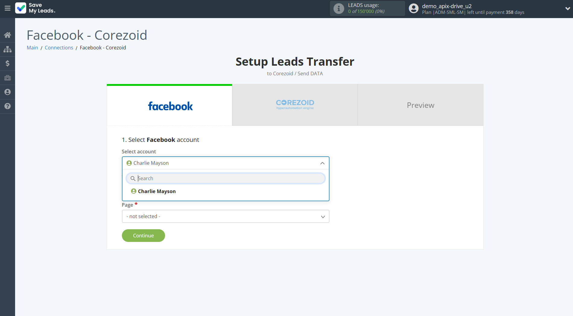 How to Connect Facebook with Corezoid | Data Source account selection