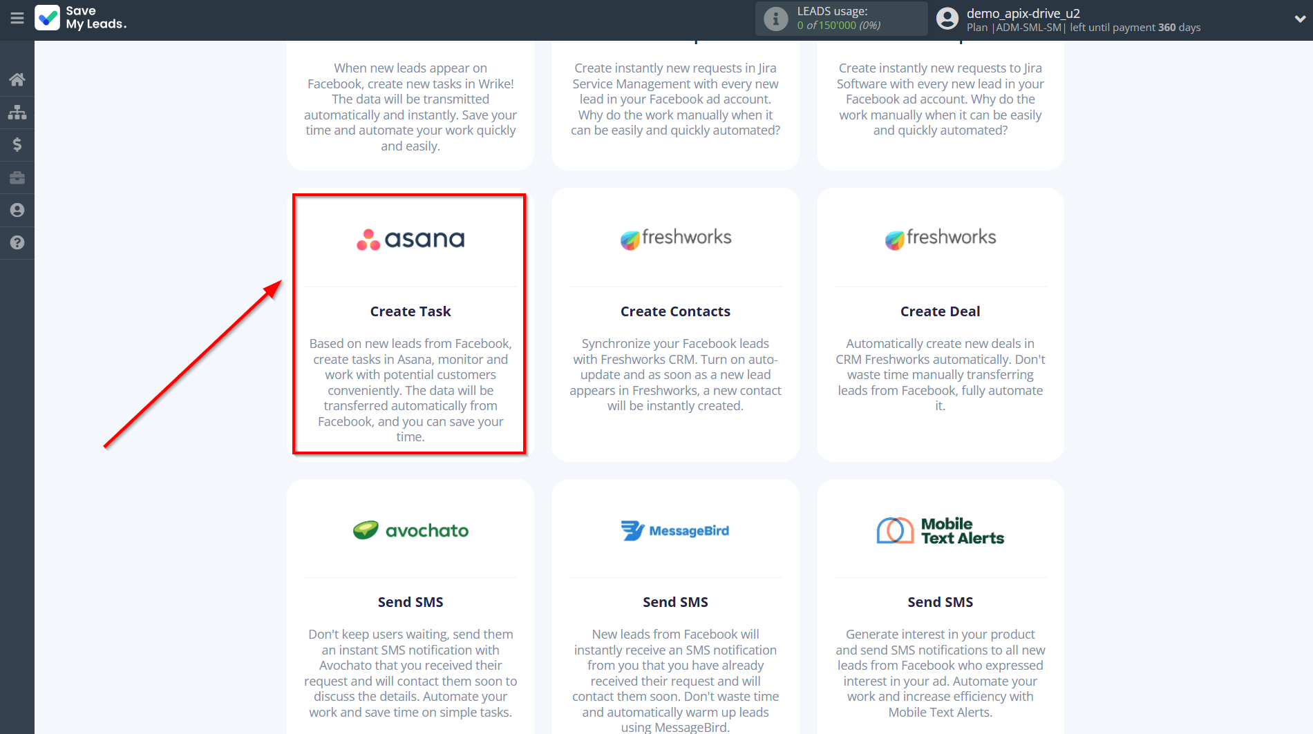 How to Connect Facebook with Asana | Data Destination system selection