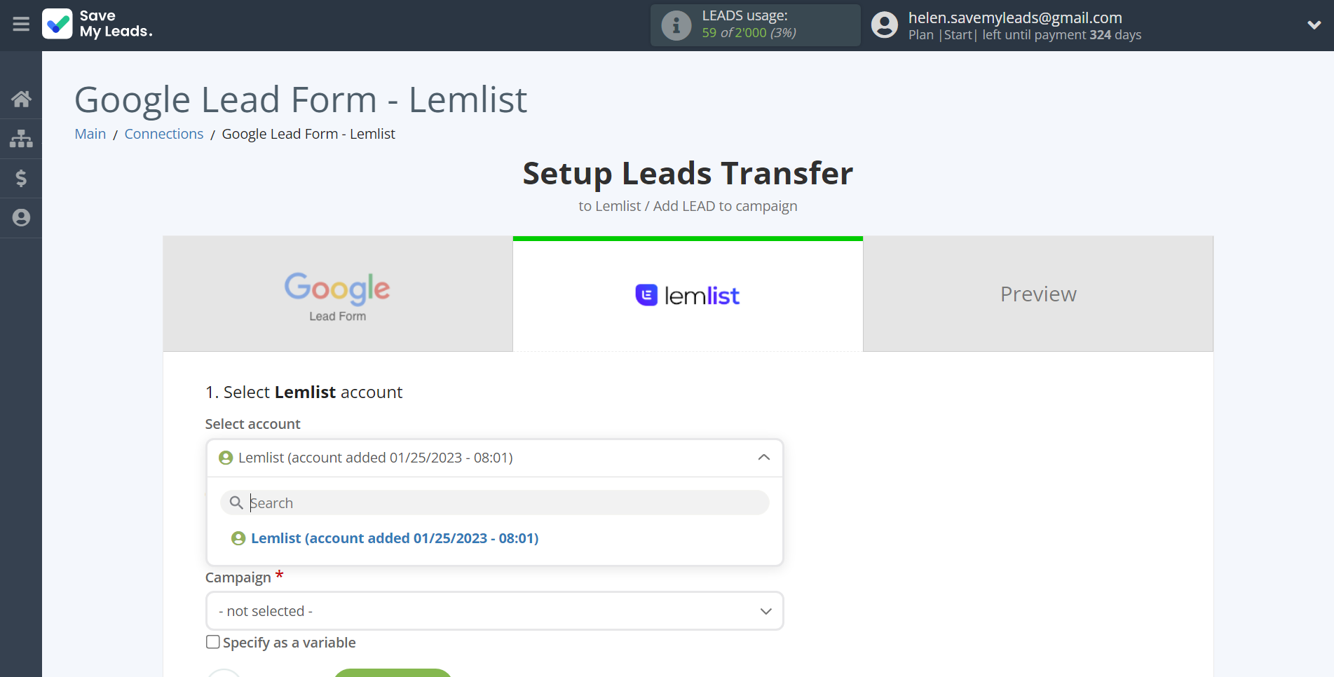 How to Connect Google Lead Form with Lemlist | Data Destination account selection