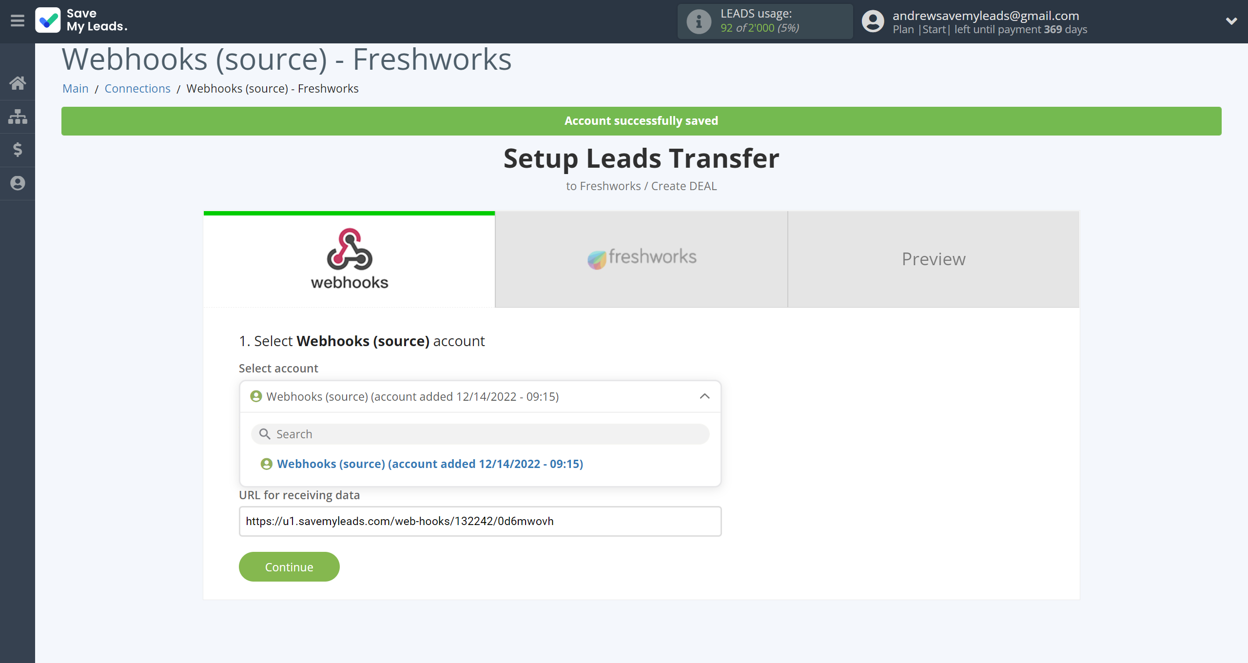 How to Connect Webhooks with Freshworks Create Deal | Data Source account selection