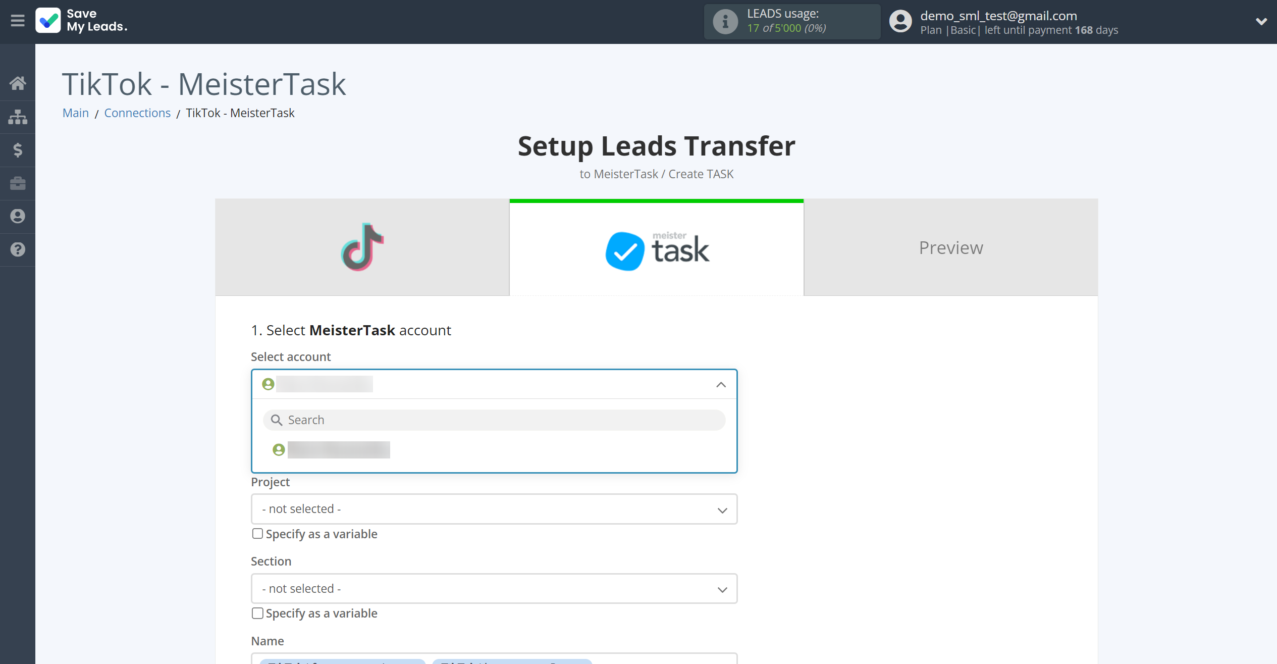 How to Connect TikTok with MeisterTask | Data Destination account selection