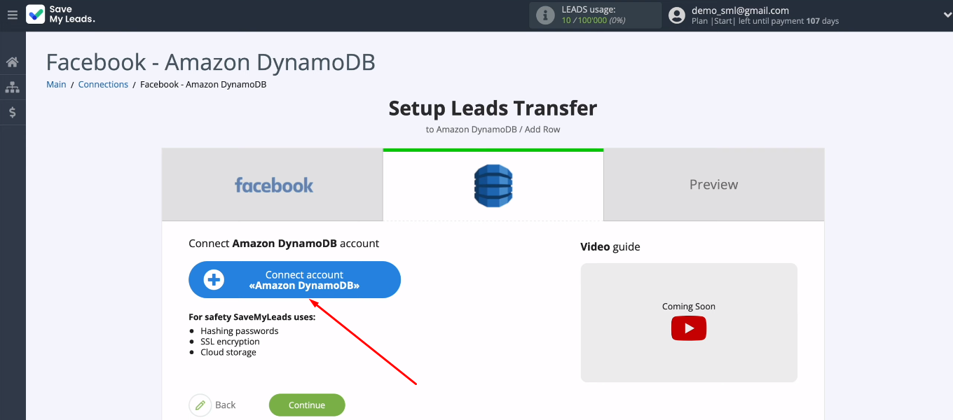 Facebook and Amazon DynamoDB integration | Connect account Amazon DynamoDB