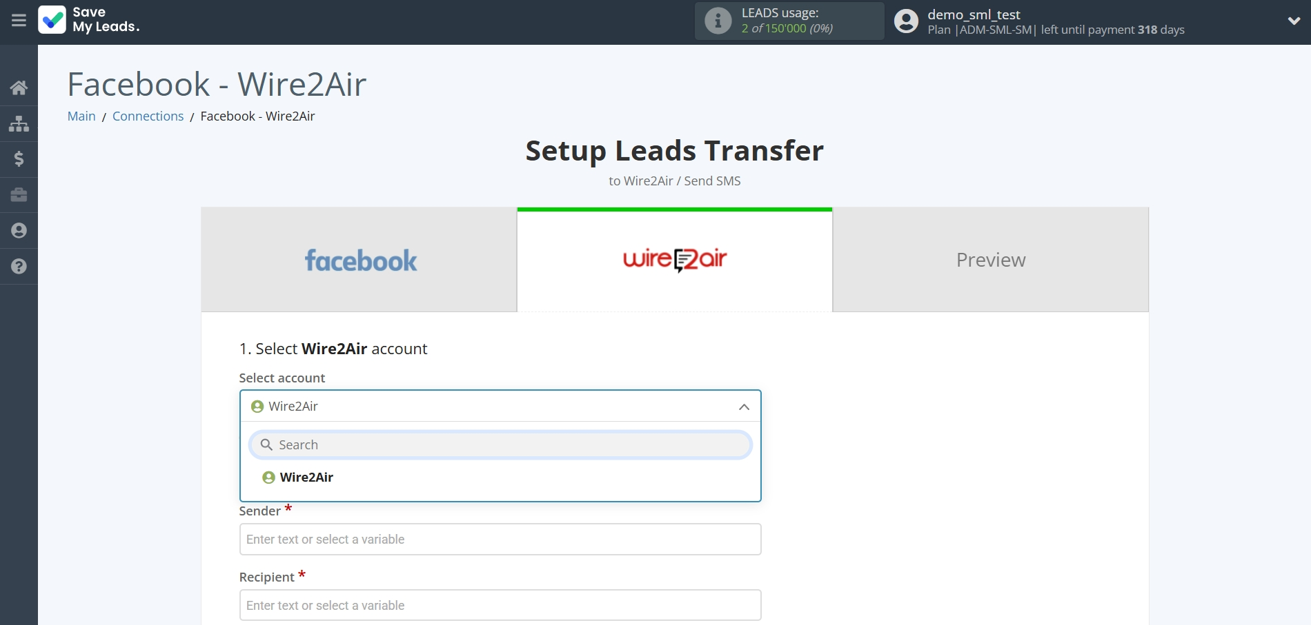 How to Connect Facebook with Wire2Air | Data Destination account selection How to Connect Facebook with Wire2Air | Data Destination account selection