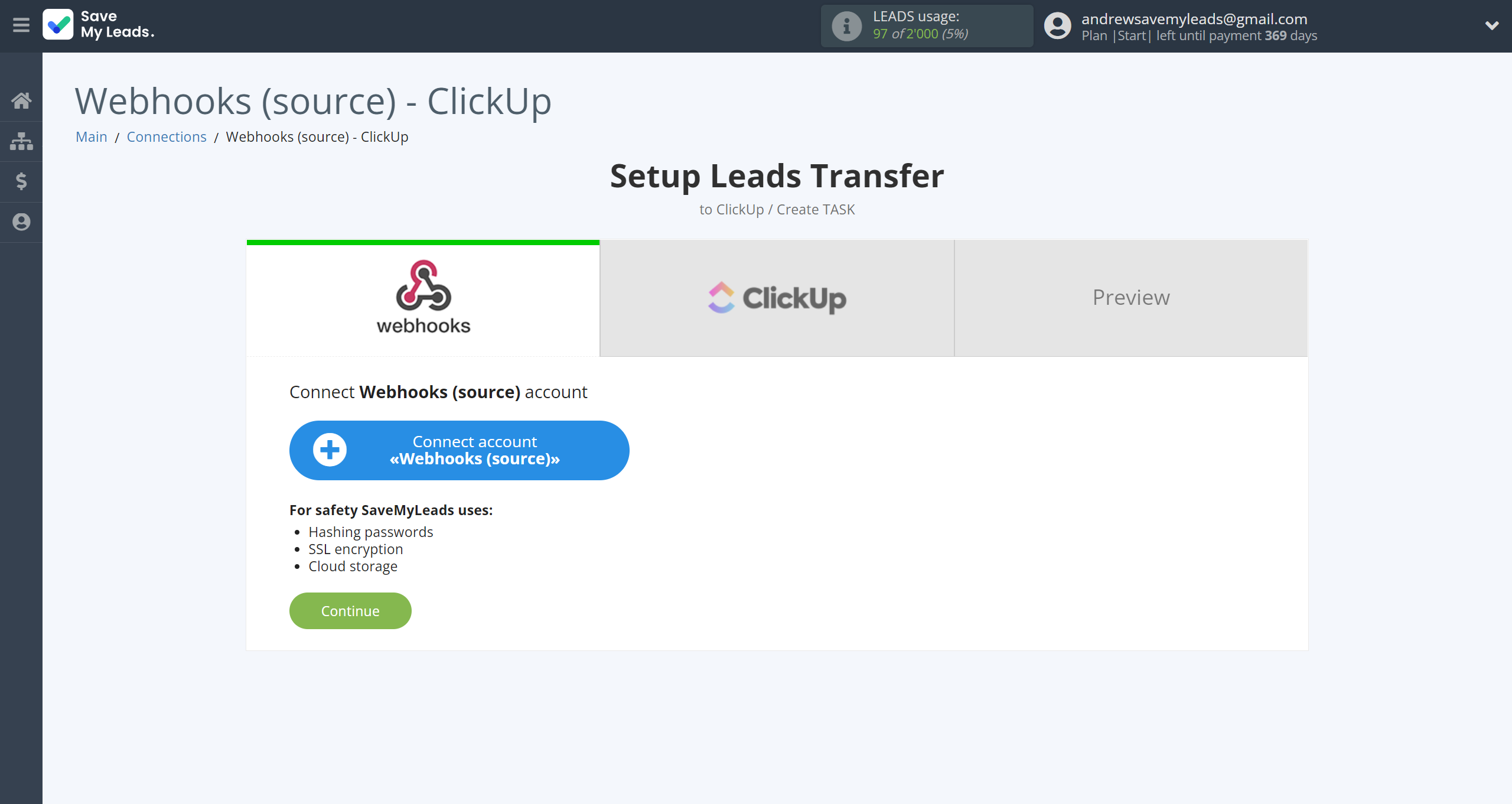 How to Connect Webhooks with ClickUp | Data Source account connection