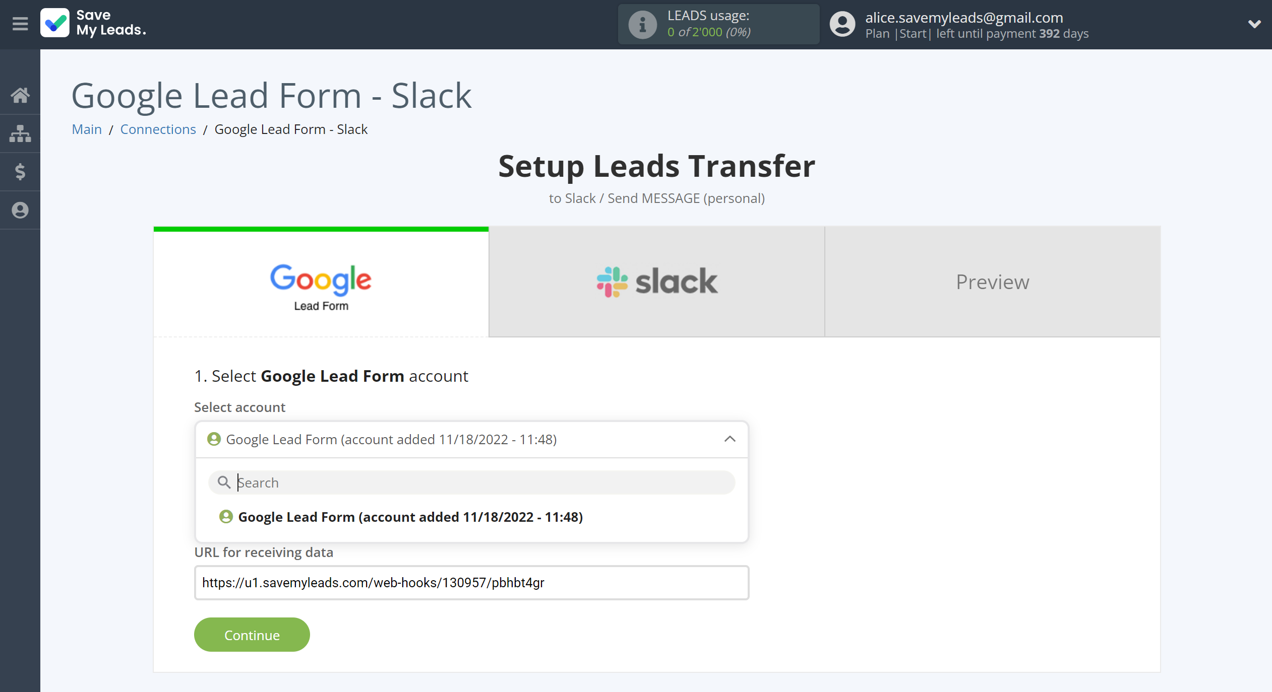 How to Connect Google Lead Form with Slack&nbsp;Personal Notification | Data Source account selection
