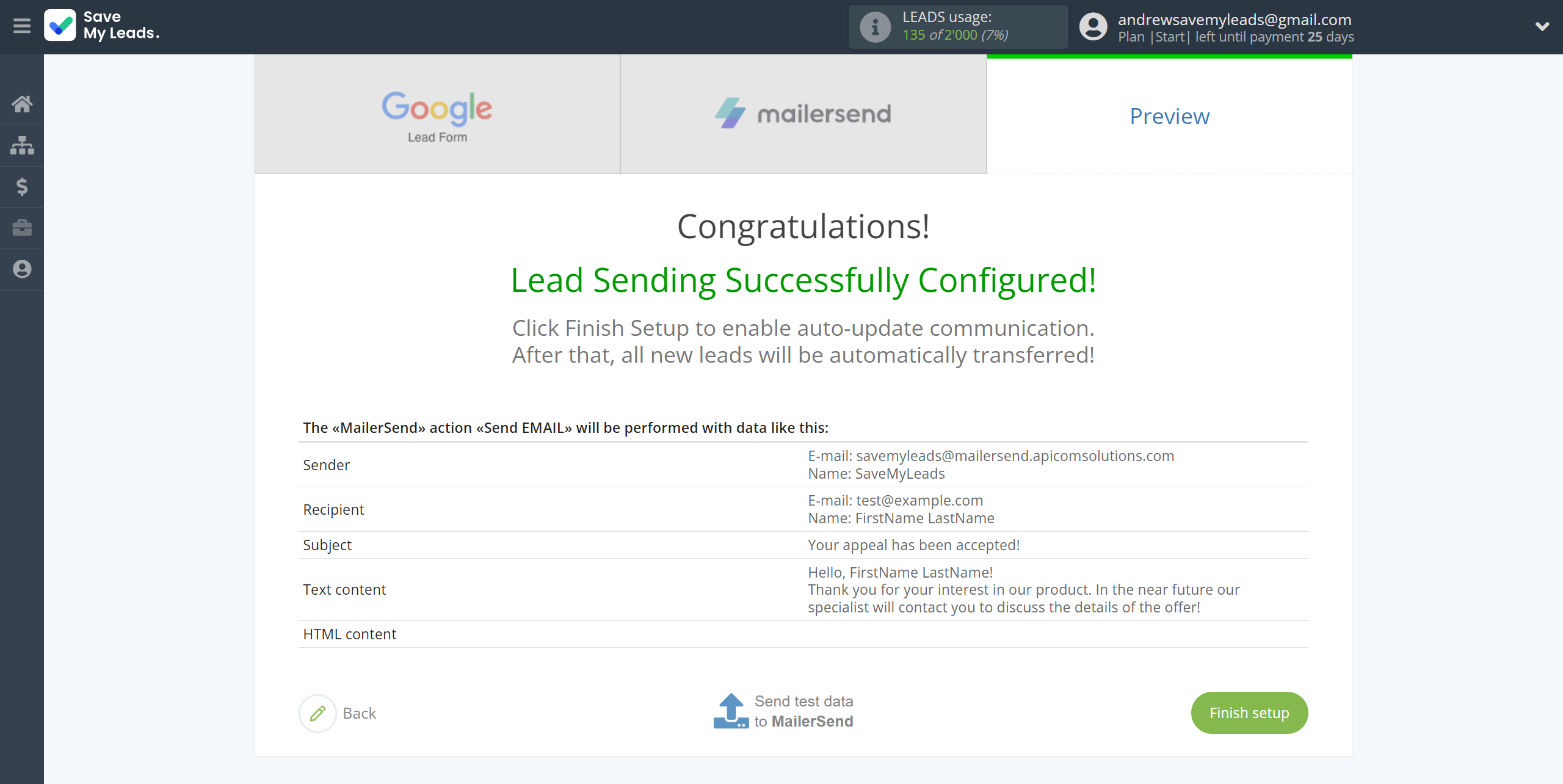 How to Connect Google Lead Form with MailerSend Send Email | Test data