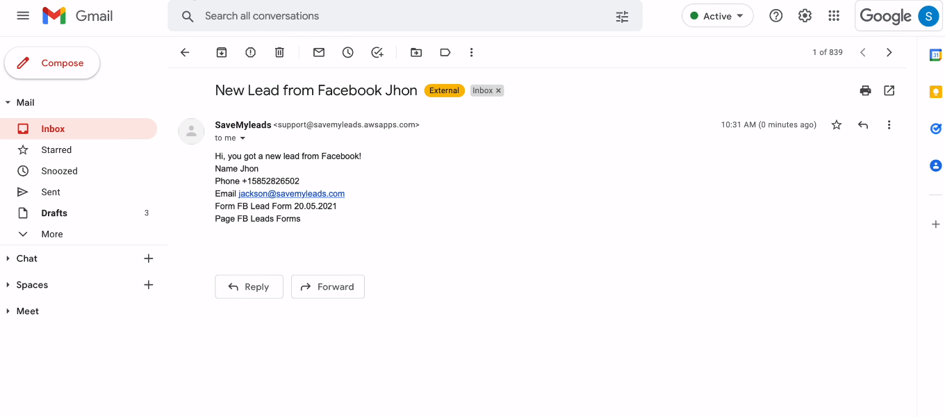 Facebook and Amazon WorkMail integration | The test email
